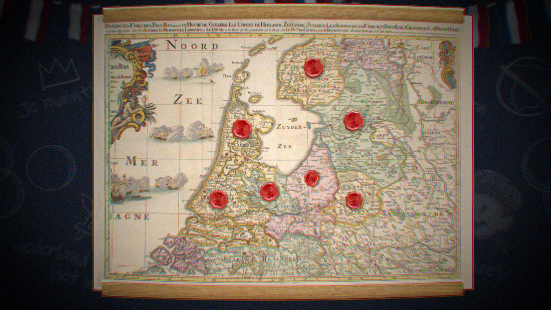 Een oude, gedetailleerde kaart van Nederland en Noordwest-Europa met waxzegels op verschillende plaatsen.