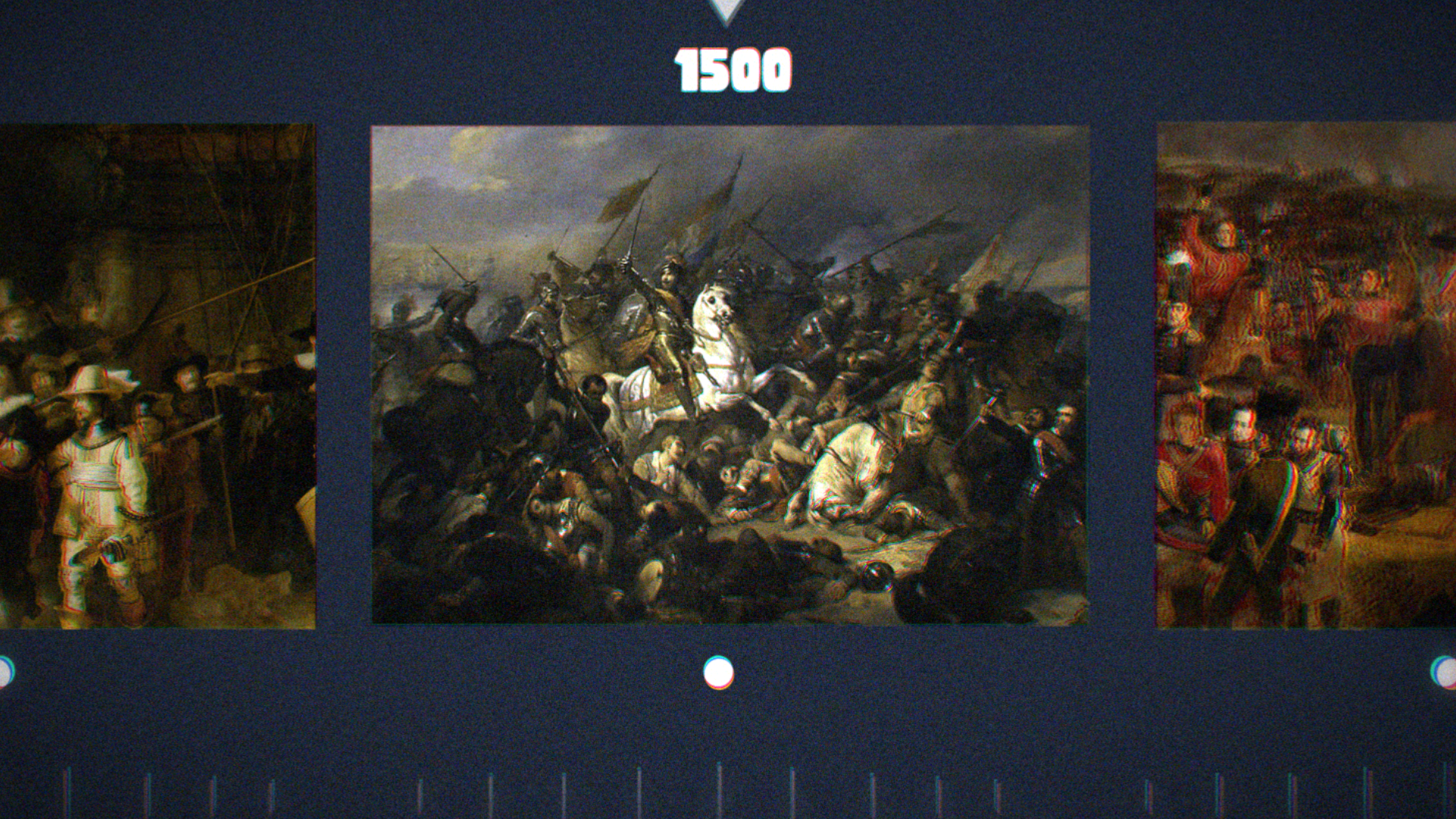 Twee historische schilderijen, een met een vlag die 1500 zegt, en een andere met een mannen en vrouwen in traditionele kleding.