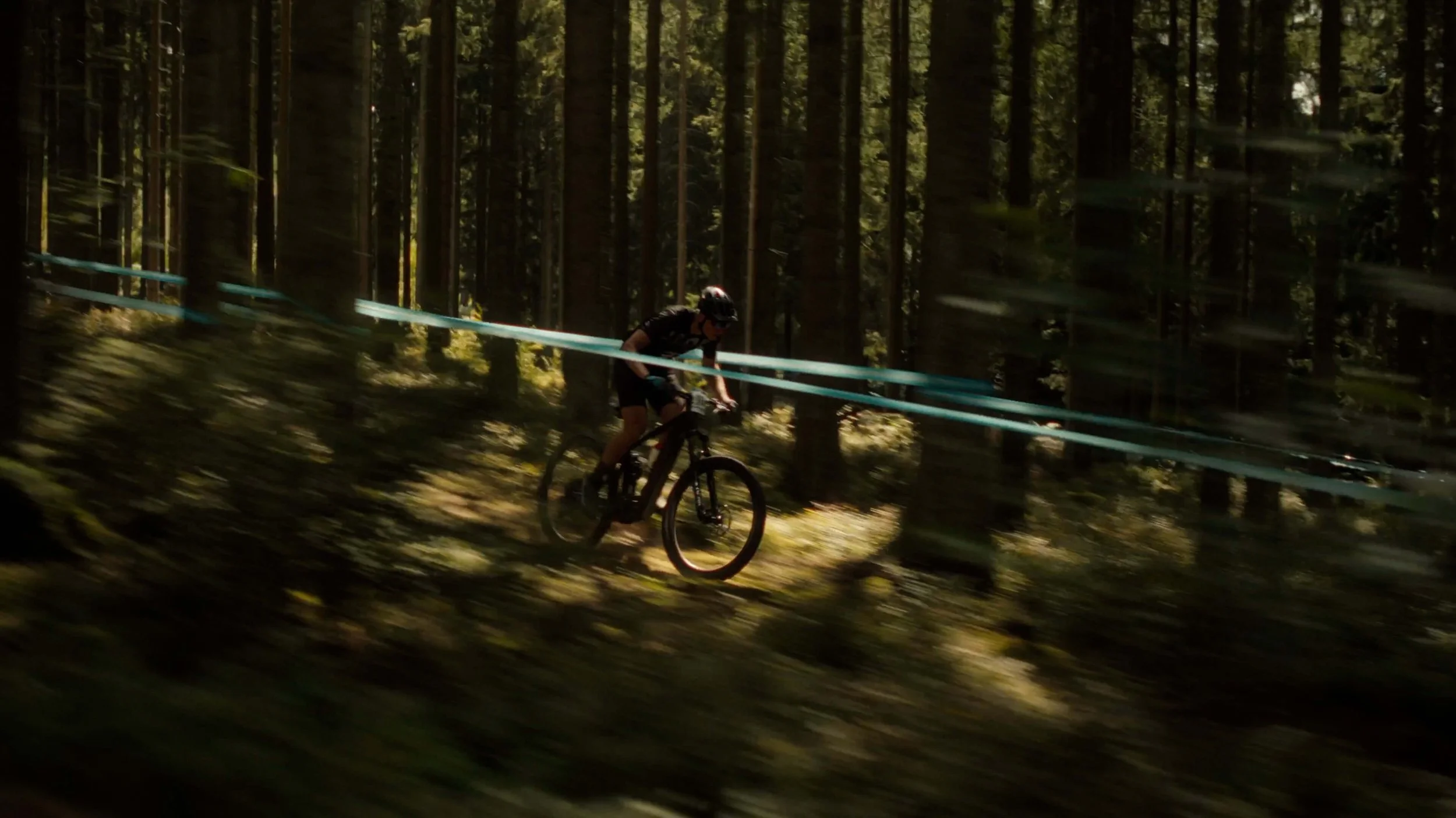 Een mountainbiker rijdt snel door een bos, omgeven door hoge bomen, tijdens een downhill race of tocht.