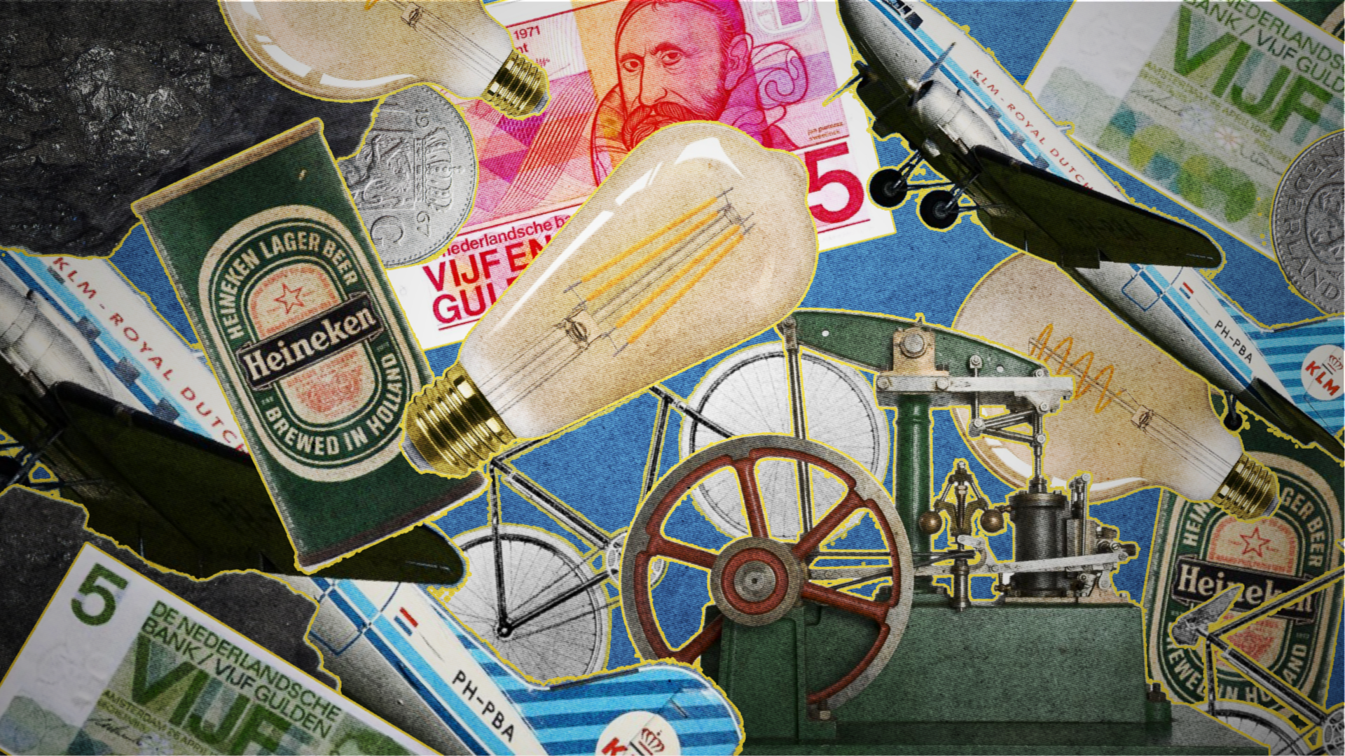 Collage van Nederlandse bankbiljetten, munten en speelgoedmodellen van een luchtballon en een oude machine.