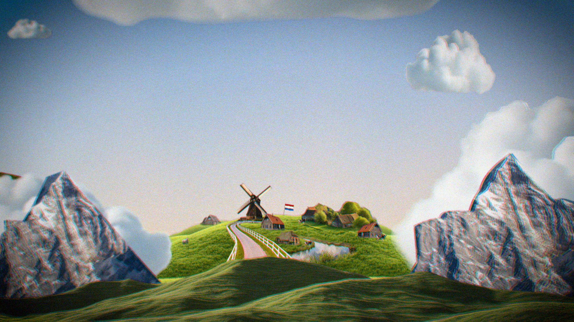 Een fantasierijk landschap met grote, kleurrijke bergen, een kleine boerderij met een windmolen en een Nederlandse vlag, groene velden, en wolken in de lucht.