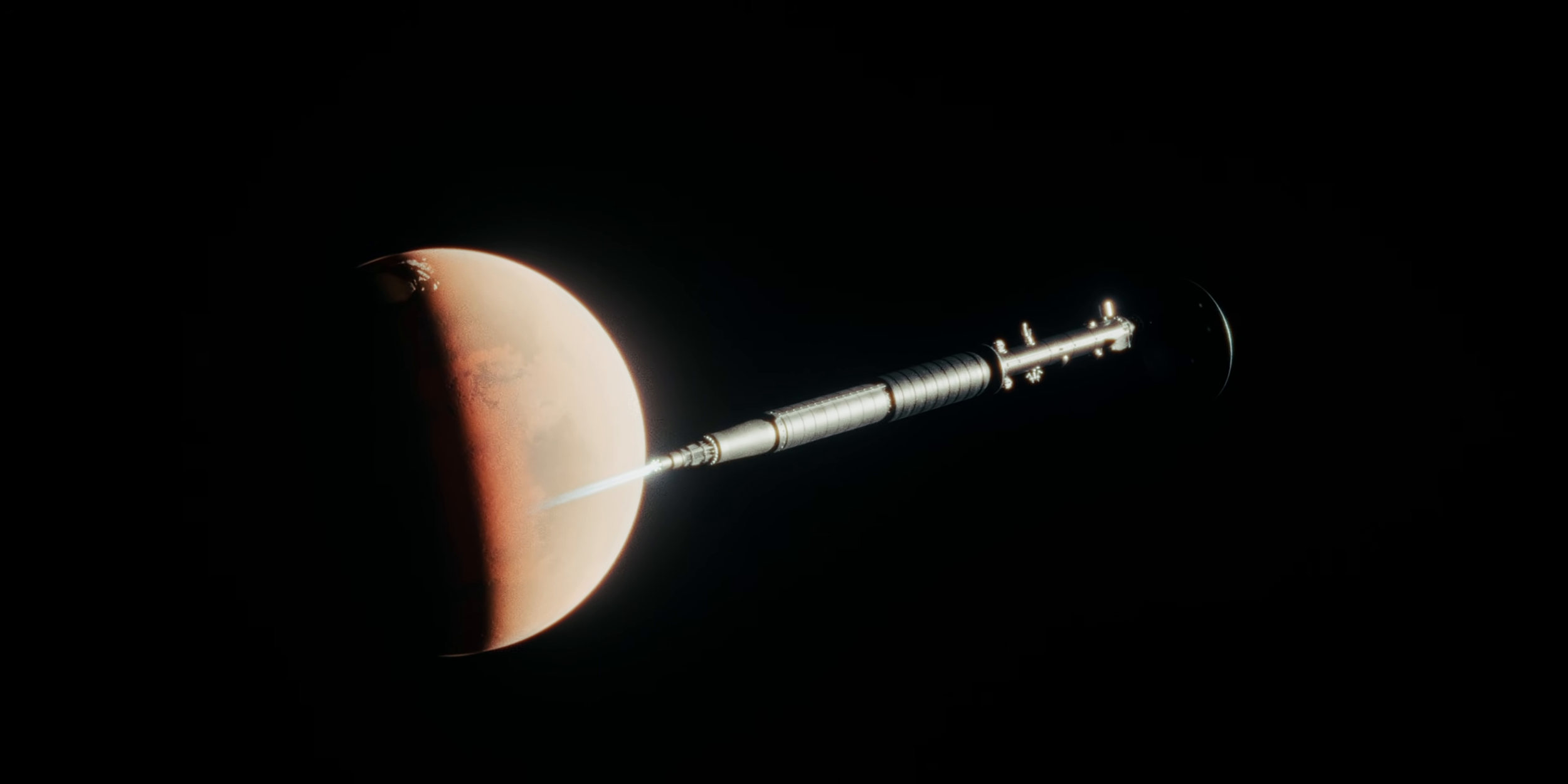 Een ruimtetuig met een lange structuur dat nabij een planeet in de ruimte zweeft.