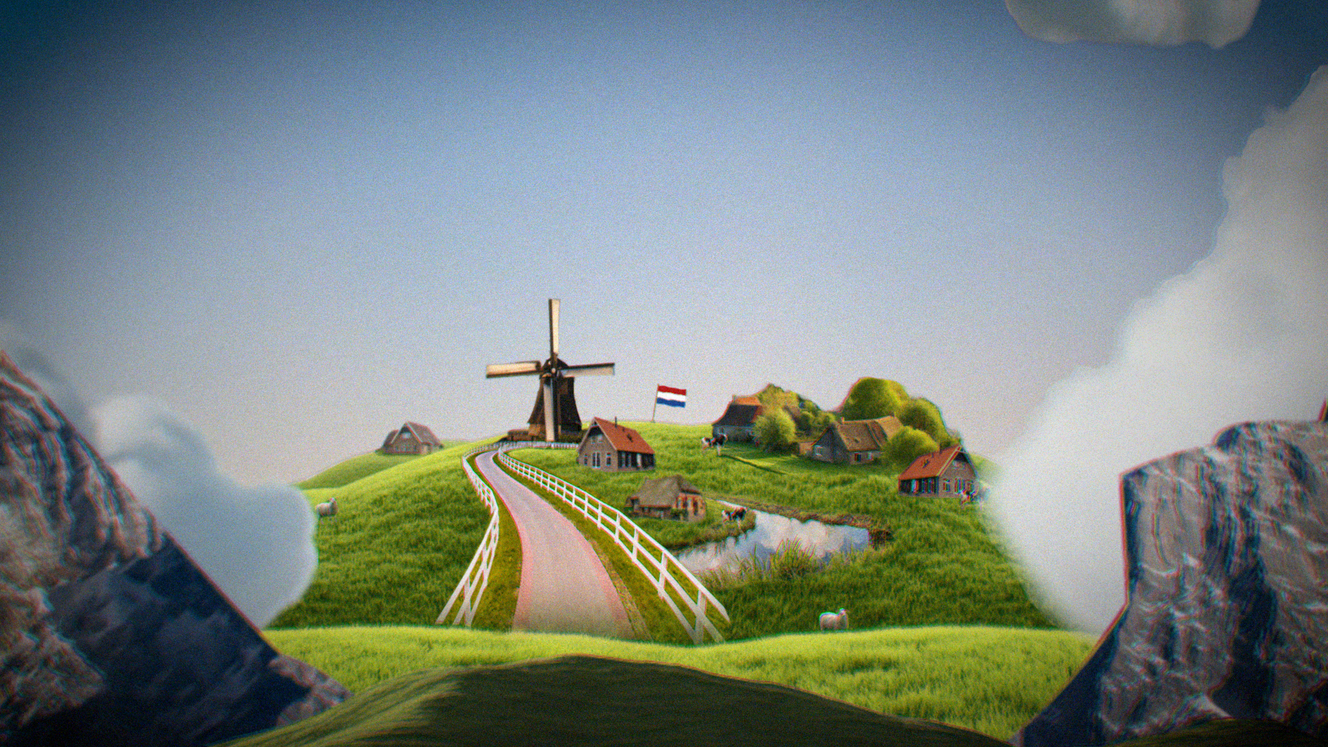 Een kleurrijk, miniatuur landschap met een windmolen, huizen, een Nederlandse vlag, een weg, weilanden, en een beek, gezien door een berg met sneeuw en rotsen.
