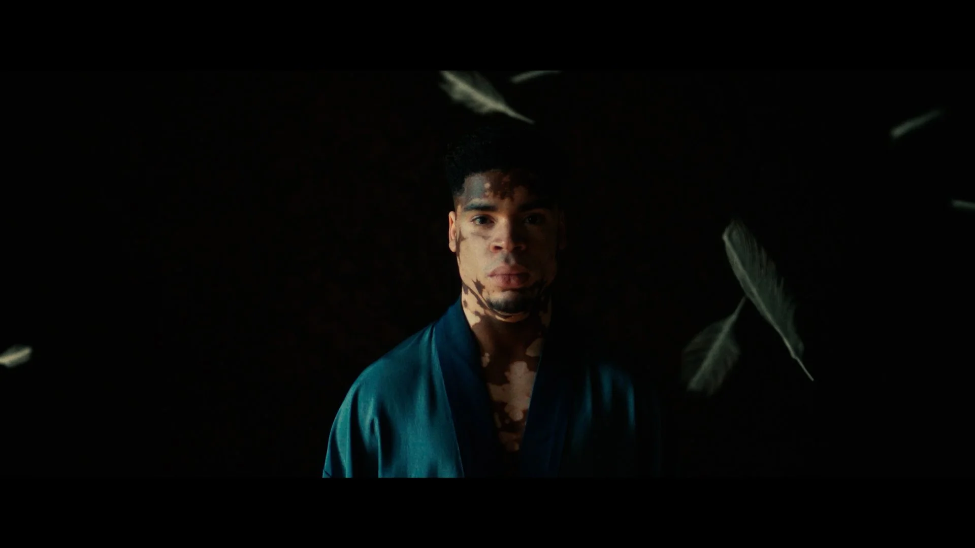 Een man met donkere, gekrulde haar draagt een blauwe kimono en staat in een donkere omgeving met zwevende bladeren rondom hem.