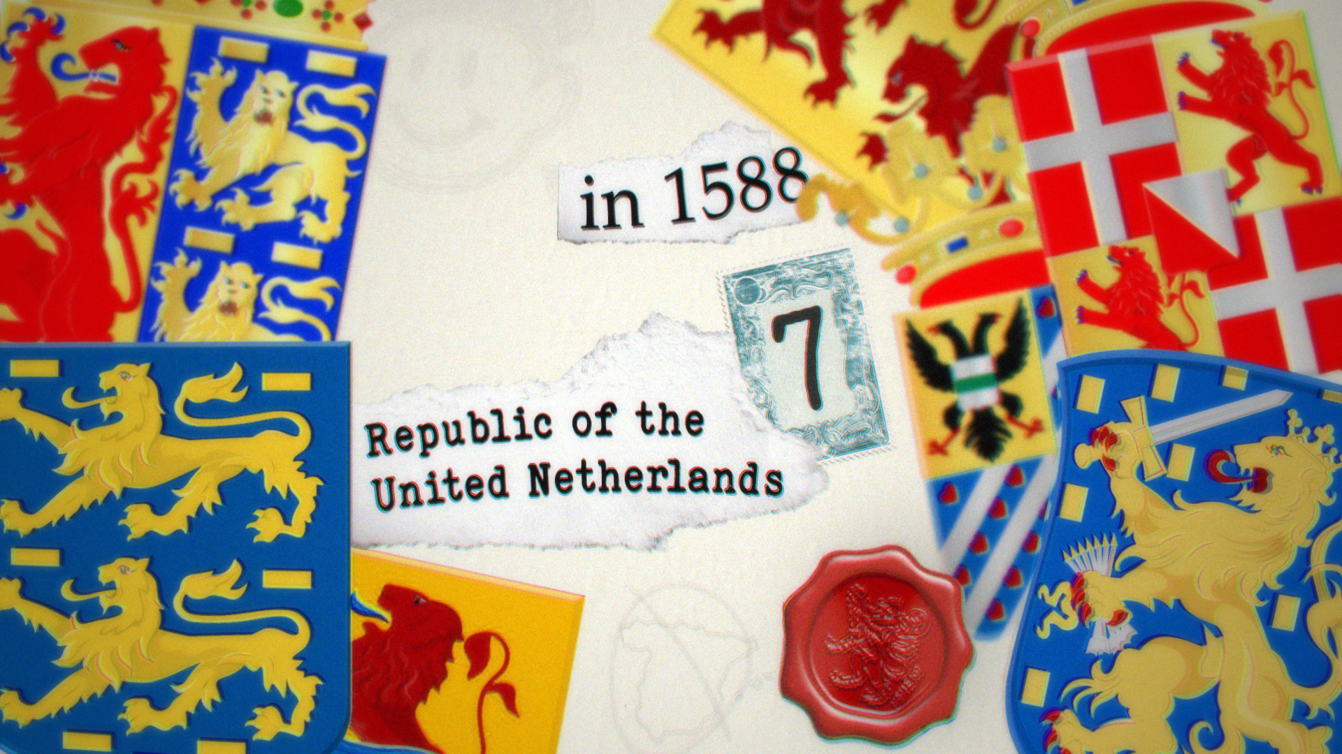 Collage van Nederlandse en internationale heraldiek en symbolen, inclusief schildwapens, een zegel, munten, en tekst 'in 1588' en 'Republiq of the United Netherlands'.