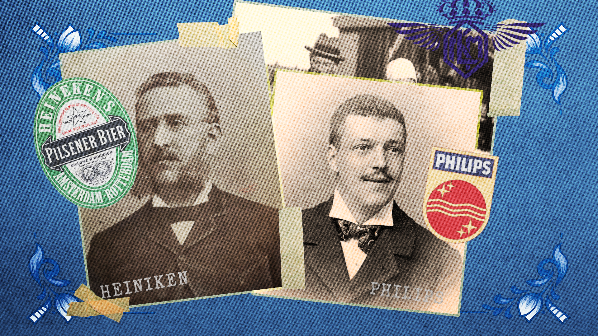 Old zwart-wit foto's van twee mannen, achtergronden met logo's en emblemen, blauwe achtergrond met decoratieve witte en blauwe elementen.