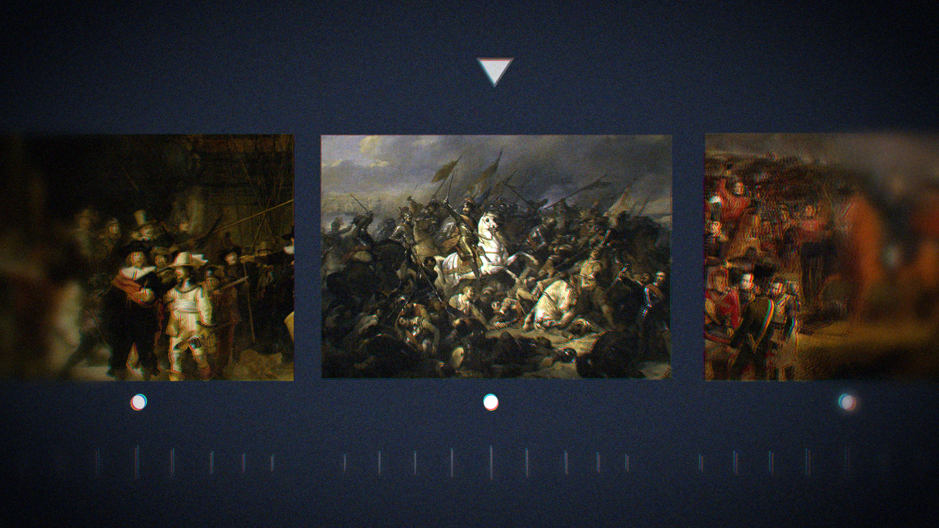 Historische schilderijen van oorlogssituaties met soldaten and paarden.
