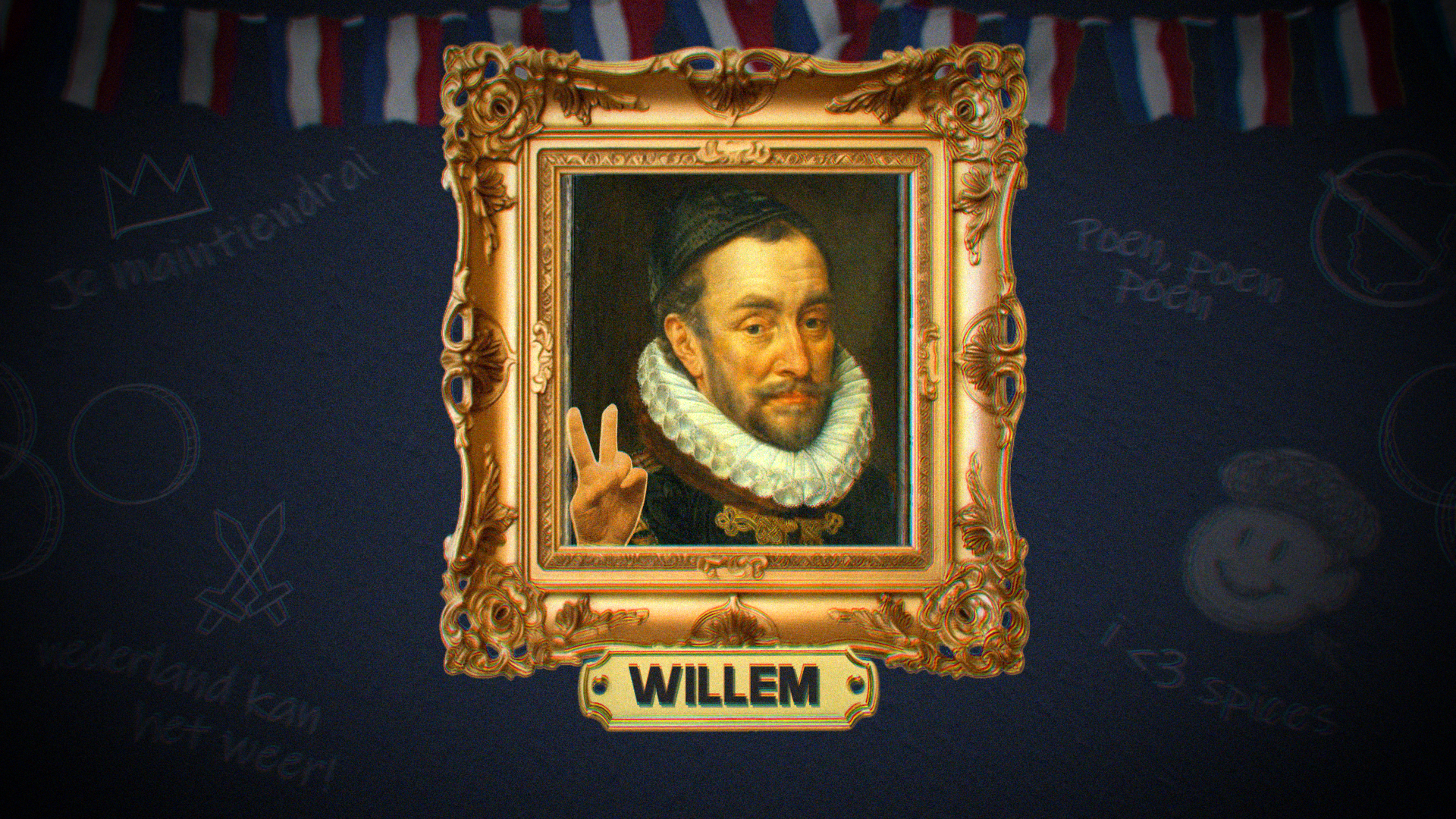 Een portret van Willem met een sierlijke gouden lijst en een hand die een peace-teken maakt, met de naam 'Willem' eronder.