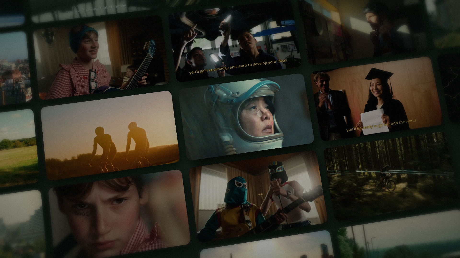 Collage van verschillende foto's, waaronder een meisje met een gitaar, een astronaut, een diploma-uitreiking, twee mensen op een veld, een kind met een masker, en iemand die fietst in een bos.