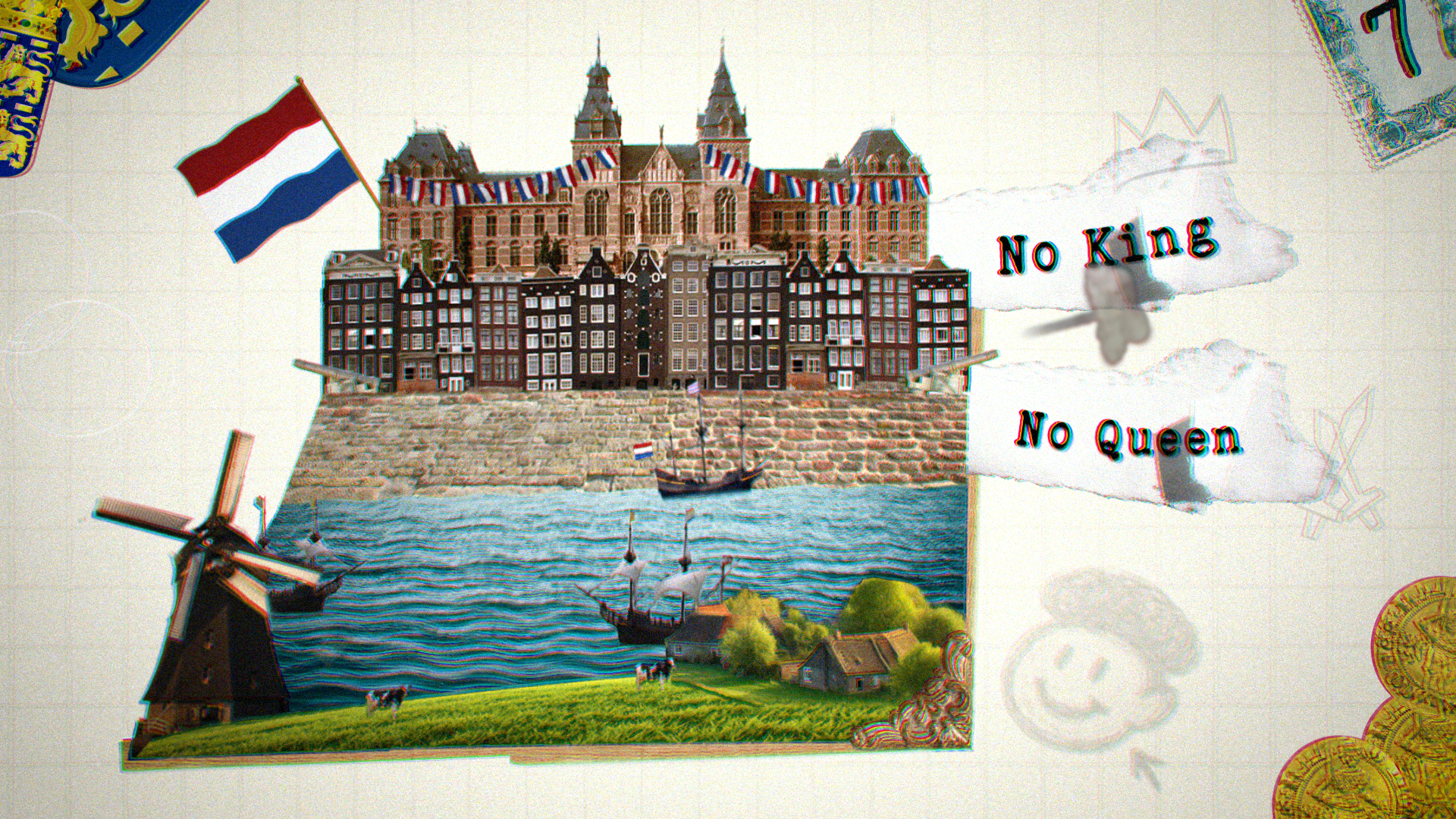 Een collage van een futuristisch kasteel met een Nederlandse vlag, een molen, schepen op het water, een koe en een groene heuvel met een huis, met daarnaast tekst die zegt 'No King, No Queen'.