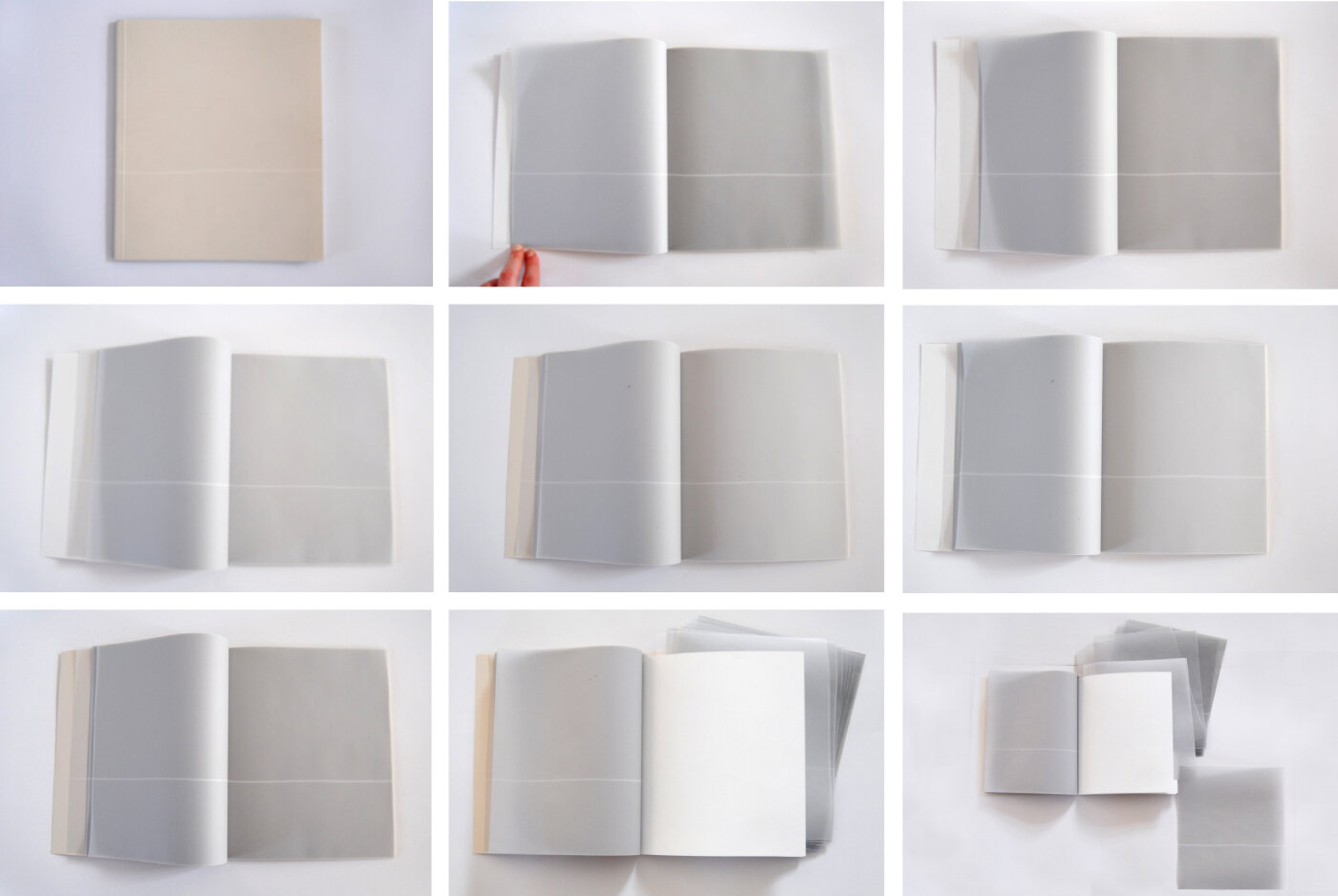 9 photographs showing how the artist book Limites looks like inside. Digital printing on tracing paper, limited edition to 20 copies by Judith Roux.