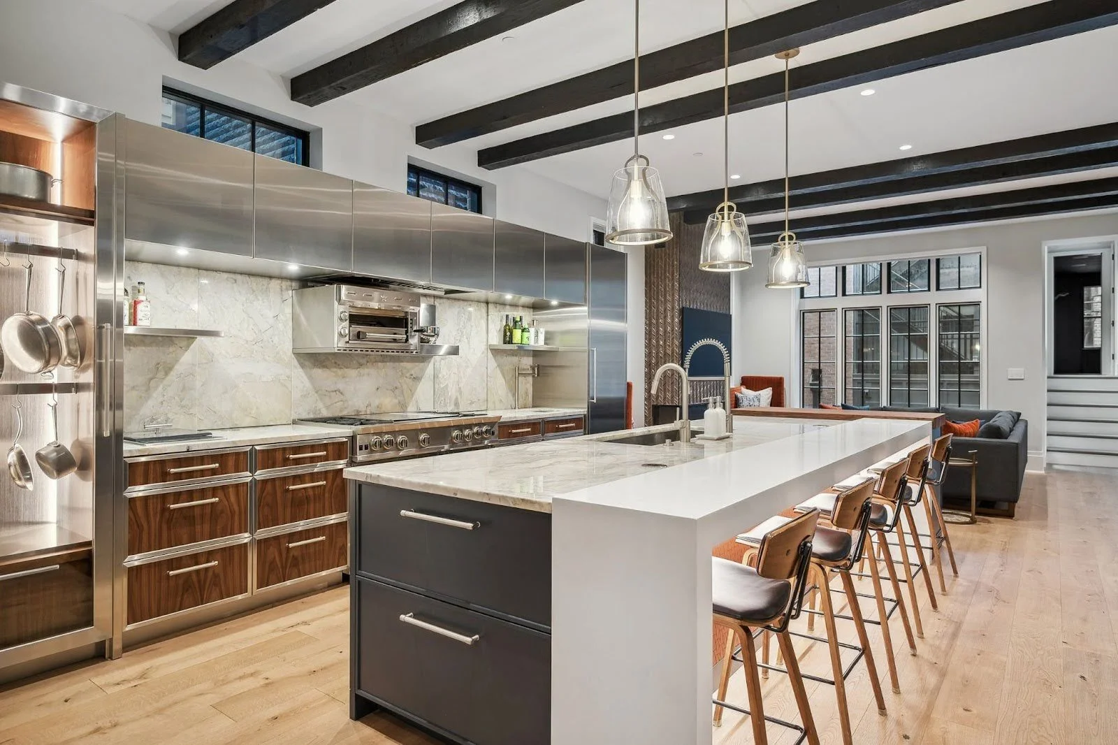An informal dining banquette and kitchen island at the Lincoln Park Wonderland project, designed for casual, effortless socializing.