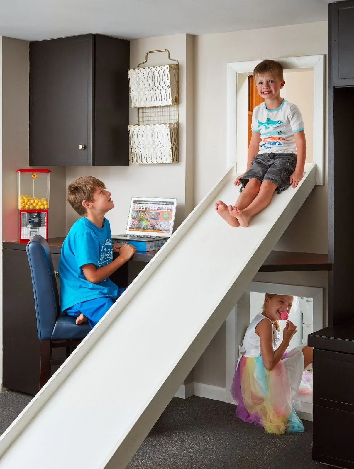 A playful learning and study area for young children in a Winnetka luxury home, featuring vibrant colors and accessible storage.
