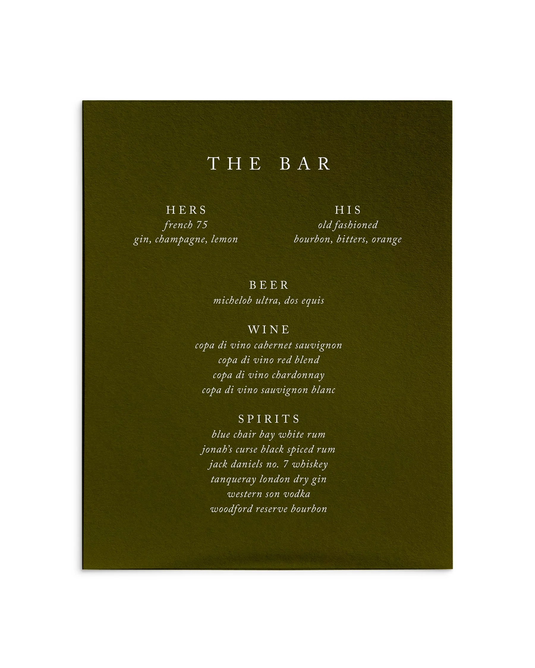 Chelsea Wedding Bar Menu