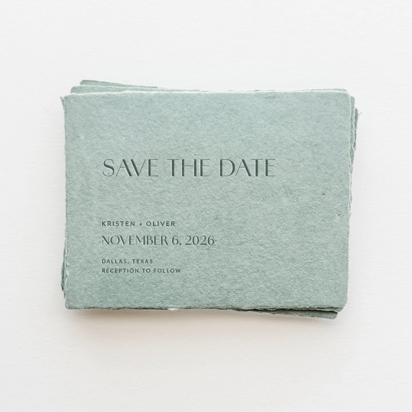 How about this little modern green letterpress save the date?

Custom Bespoke Wedding Invitations / Green Handmade Paper Save the Dates