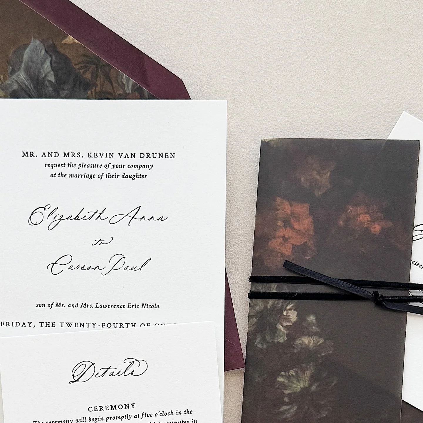 Our Valentina semi-custom invitation suite, with the most gorgeous and sophisticated color palette! Wrapped in vellum and tied with black velvet twine.

Custom Bespoke Wedding Invitations / Save the Dates