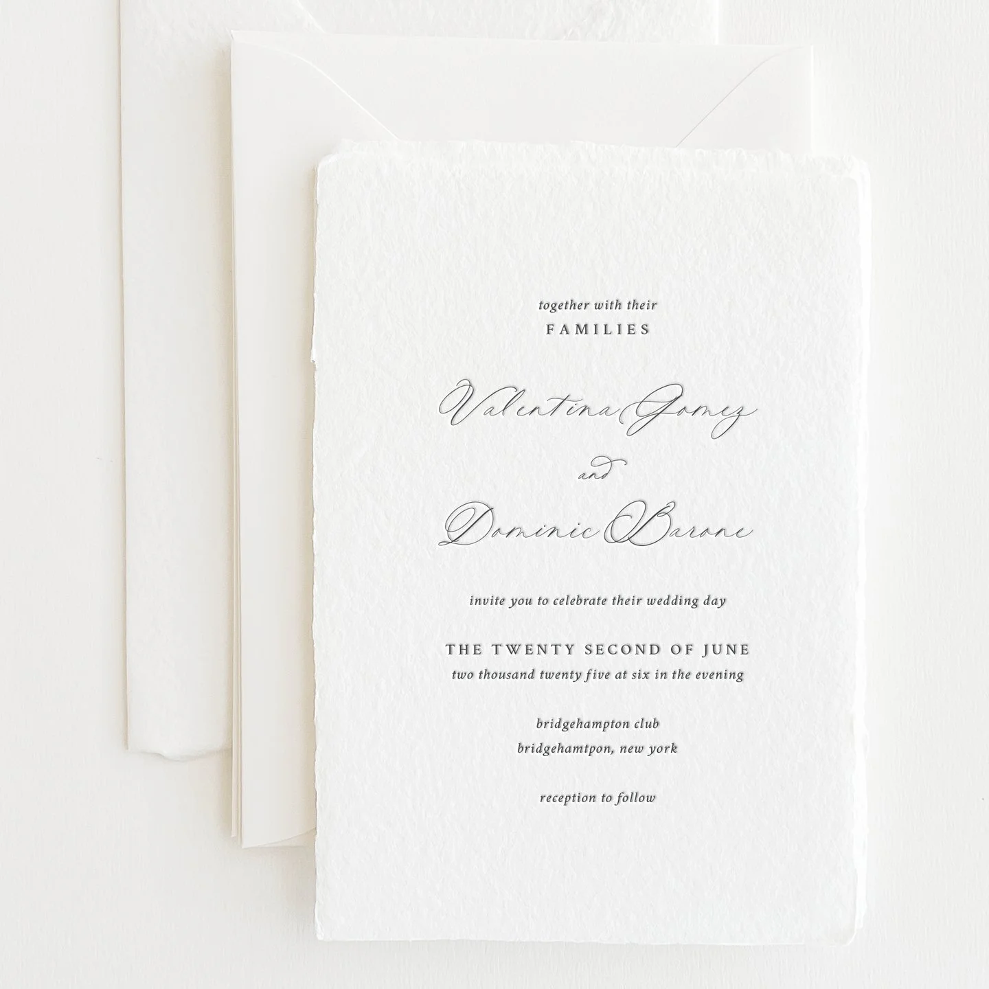The beautiful and sophisticated Valentina Wedding Invitation, shown on our favorite handmade paper.

Custom Bespoke Wedding Invitations / Save the Dates