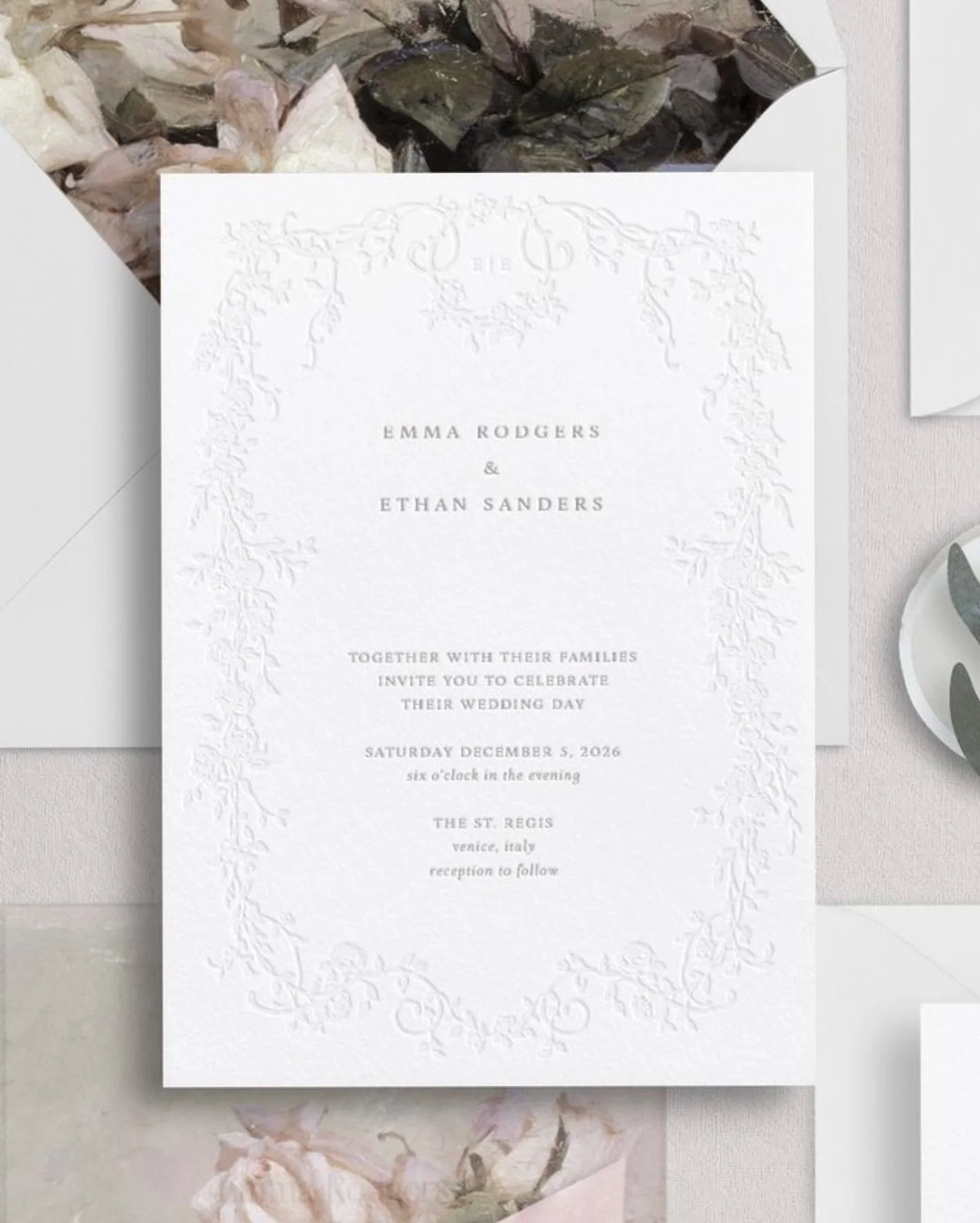 We are so excited to announce that we are adding more designs to our semi-custom collection! This is Emma, and features beautiful blind letterpress and an elegant font.