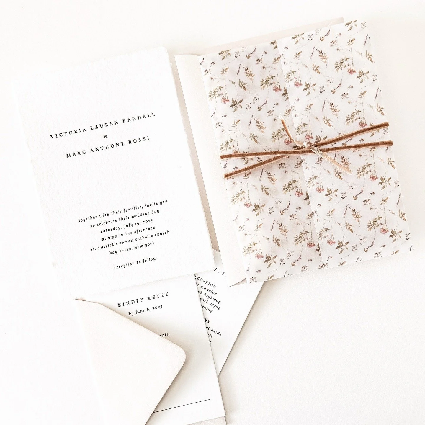 One of our favorite suites from earlier this year &mdash; adorned with a luxurious velvet ribbon and a delicate vellum wrap for a timeless, romantic touch.