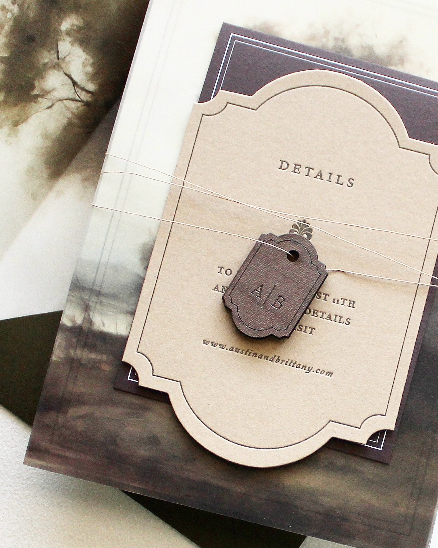 A beautiful custom suite from last year, featuring a wooden emblem tag. 

Custom wedding invitations / Moody wedding invites 

#fineartinvitations #customweddinginvitations