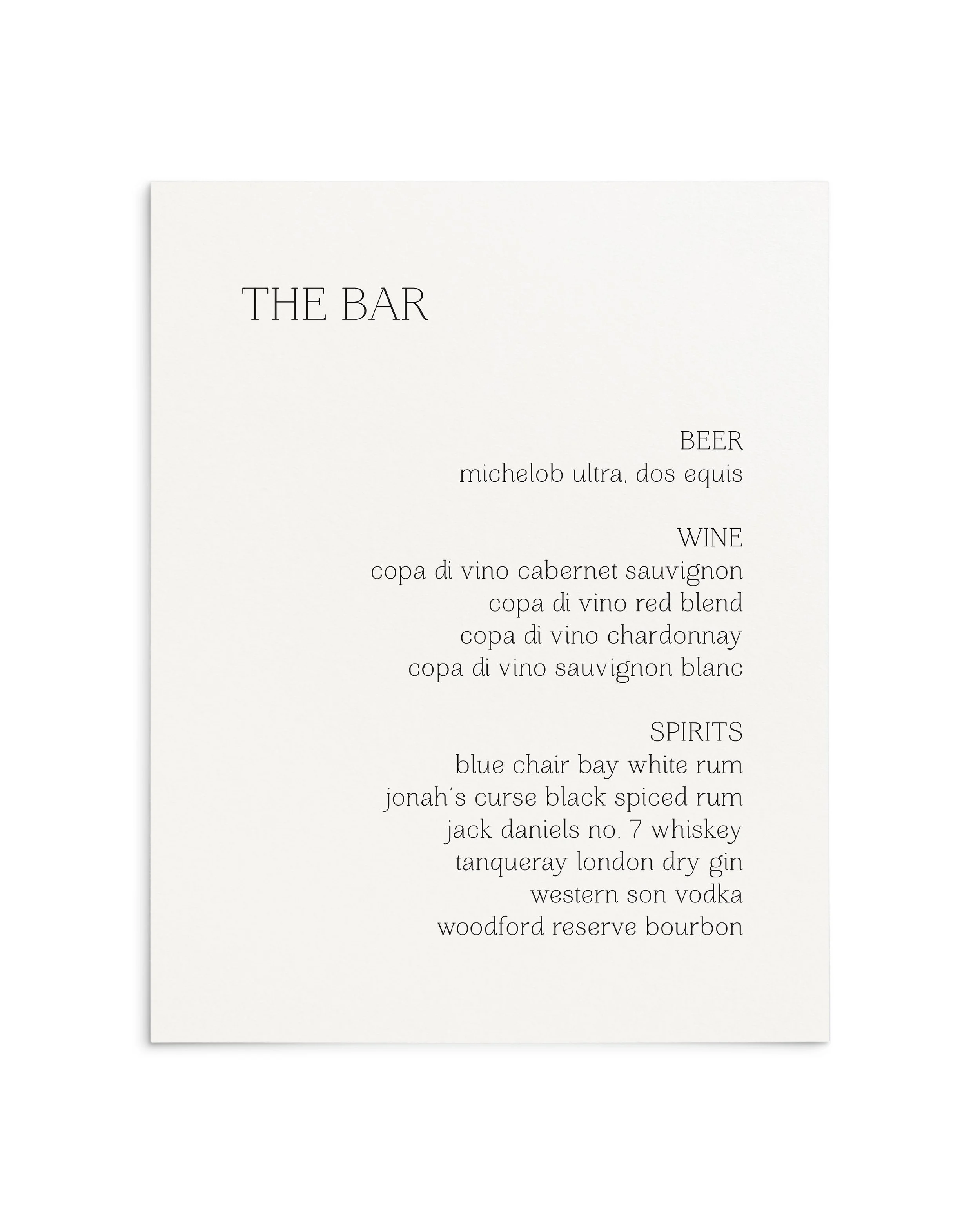 Brynne Wedding Bar Menu