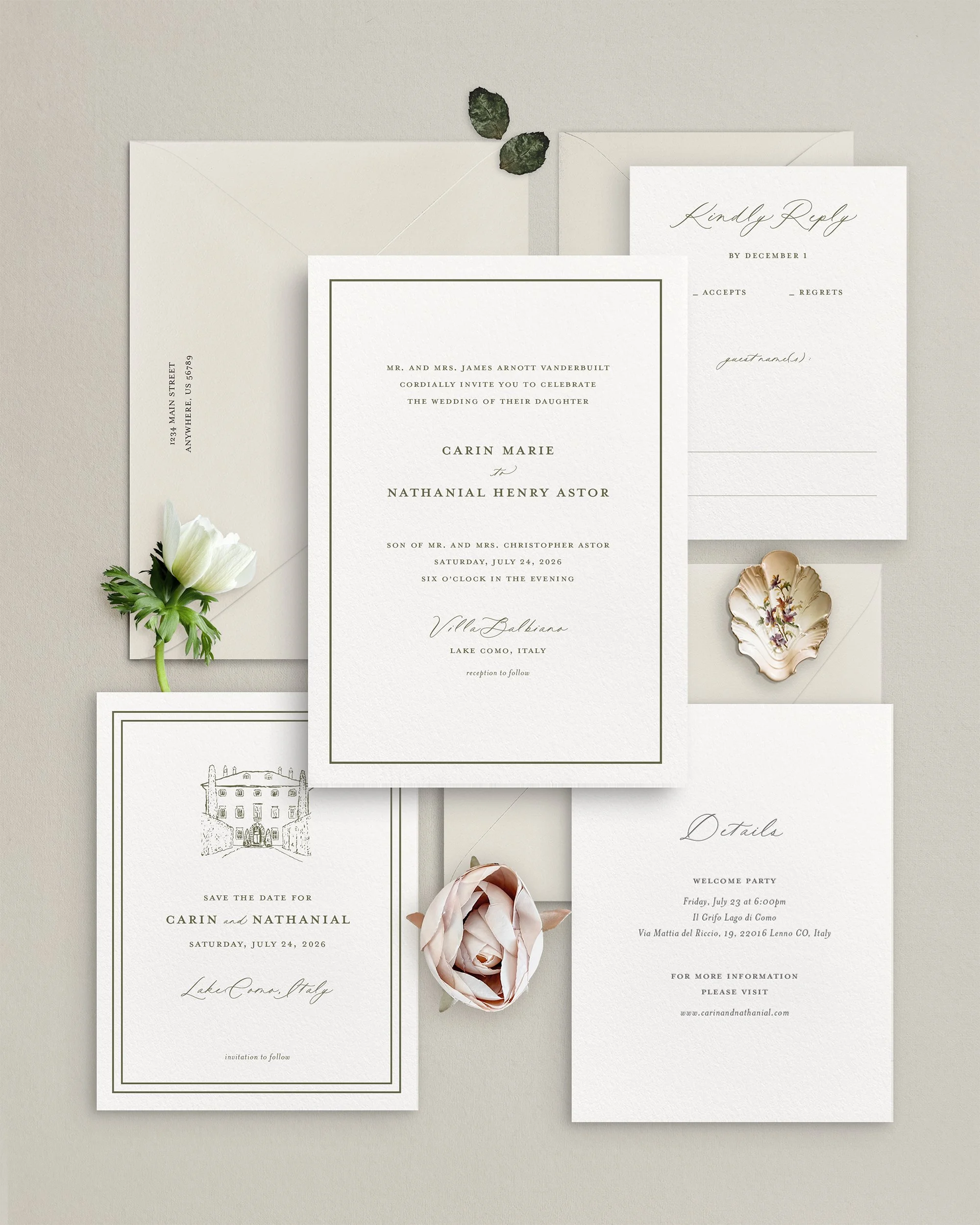 Lake Como Italian Inspired Wedding Invitations & Save the Dates