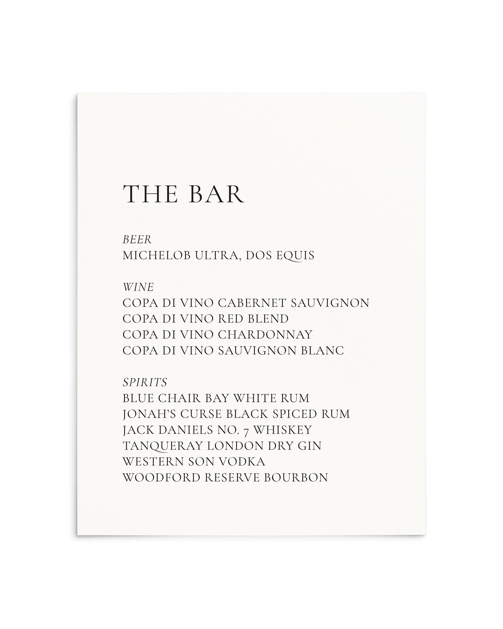 Taylor Wedding Bar Menu