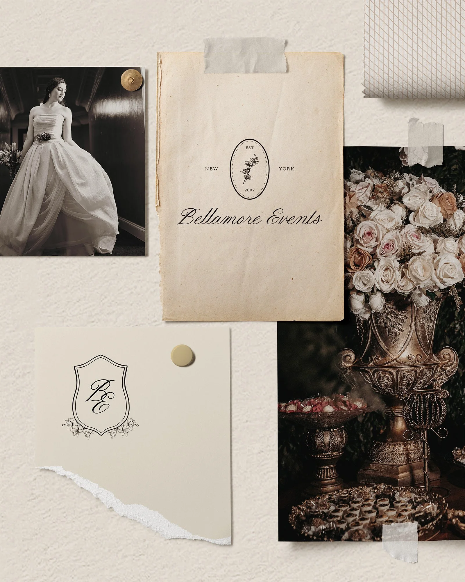 Collage of wedding-themed images: a photo of a woman in a wedding dress, a bouquet of pink and white roses, an ornate vase, a vintage wedding invitation for Bellamore Events, and a decorative card with initials 'B E'