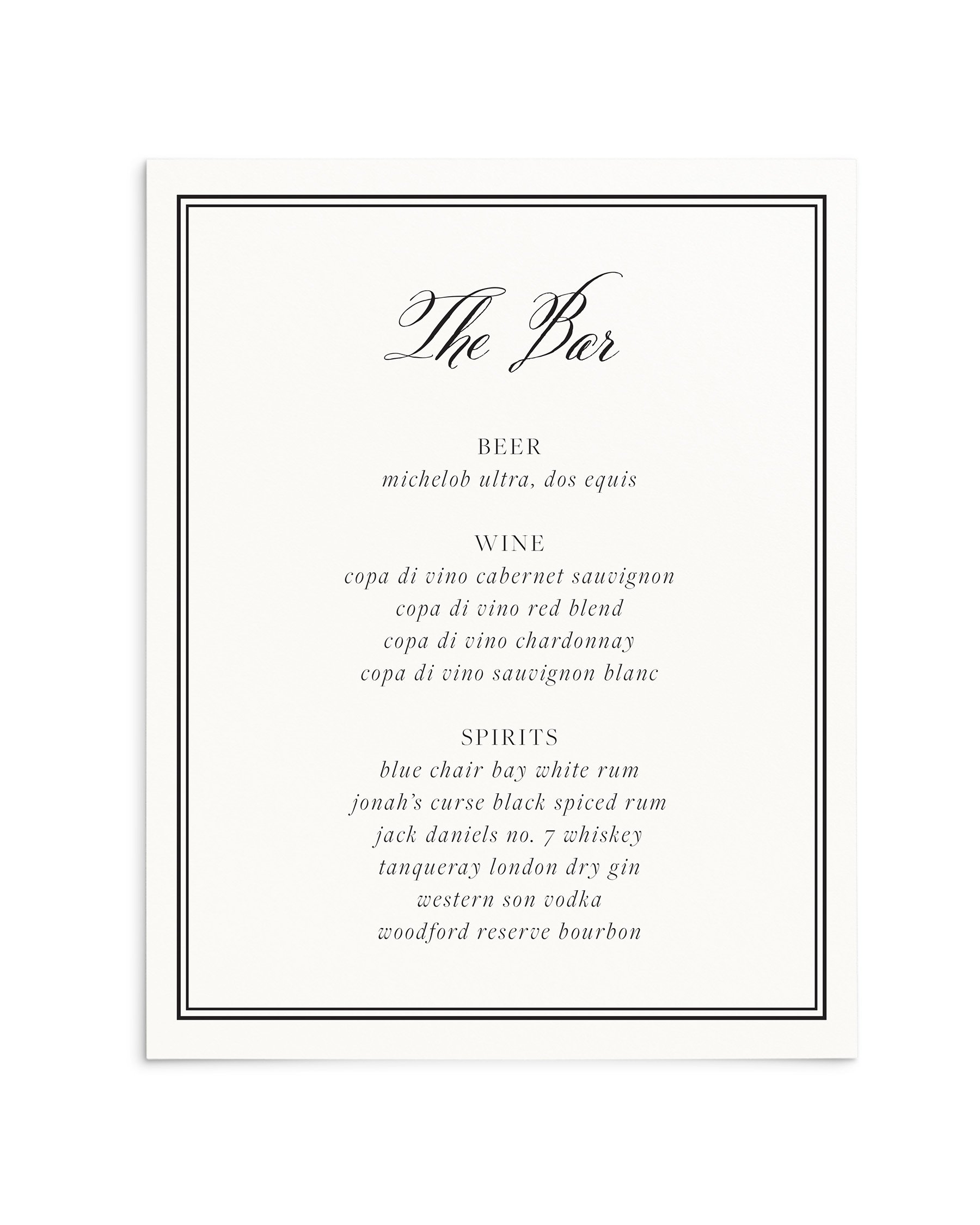Amelia Wedding Bar Menu