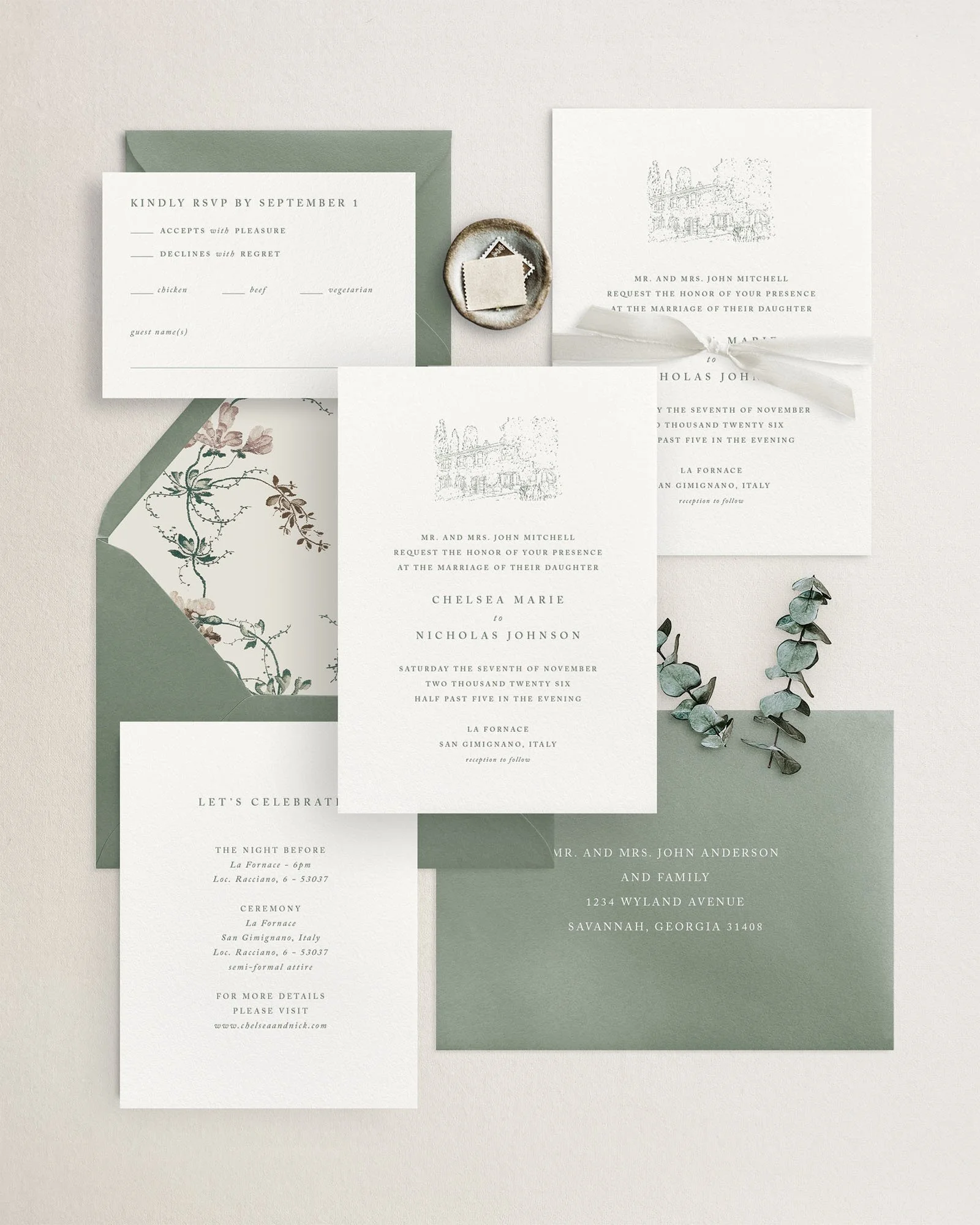 Chelsea Custom Venue Illustration Wedding Invitations