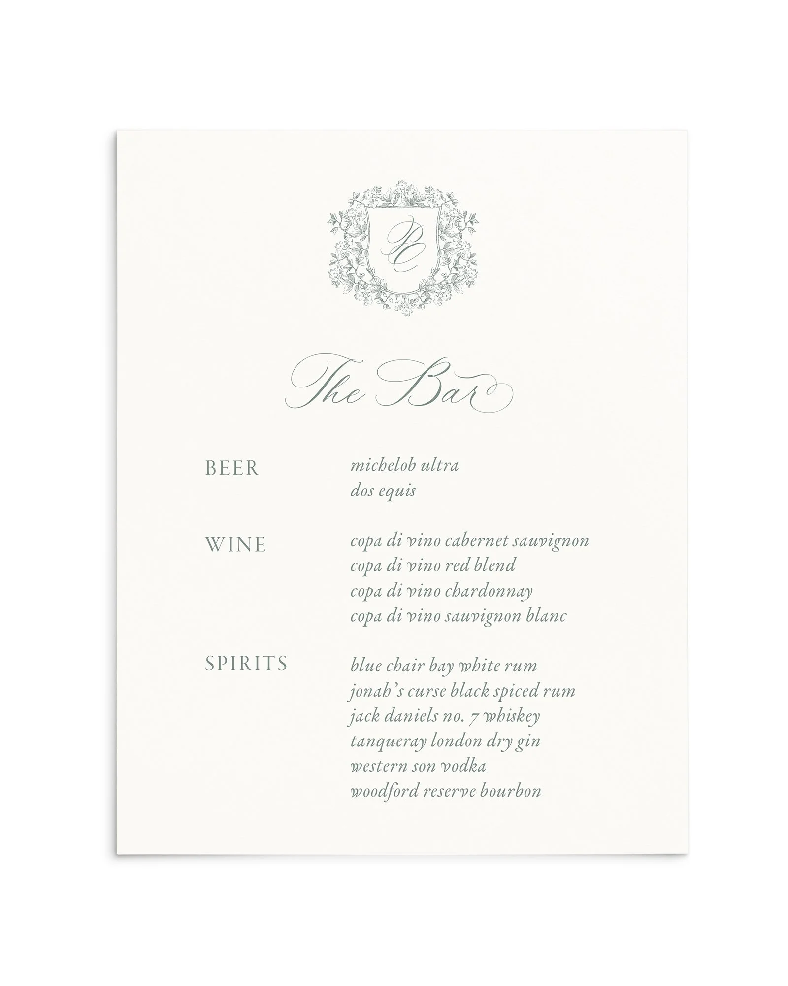 Poppy Wedding Bar Menu