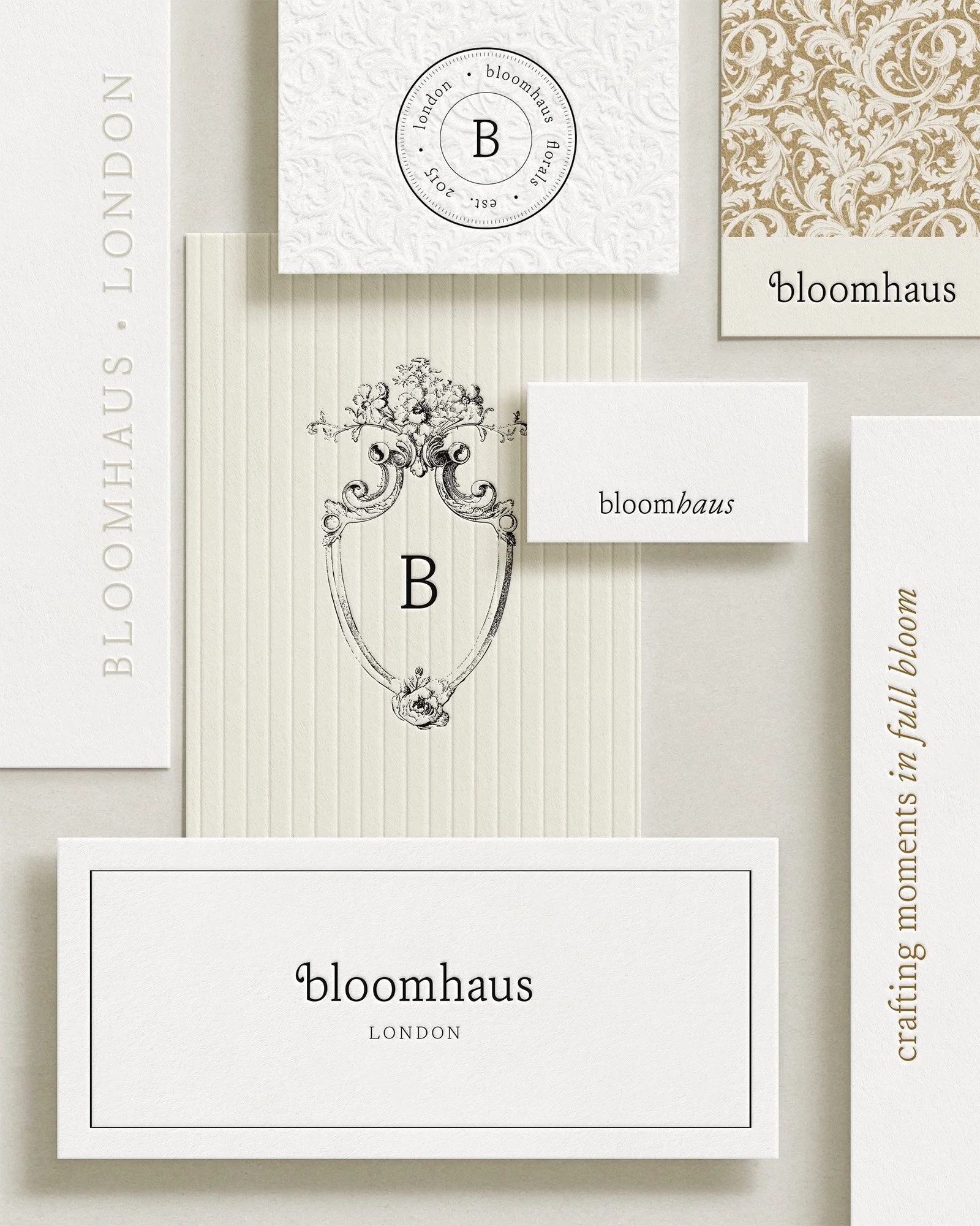 A collection of branding materials and tags for Bloomhaus, a brand from London, featuring minimalist black and white designs with elegant fonts and floral illustrations.