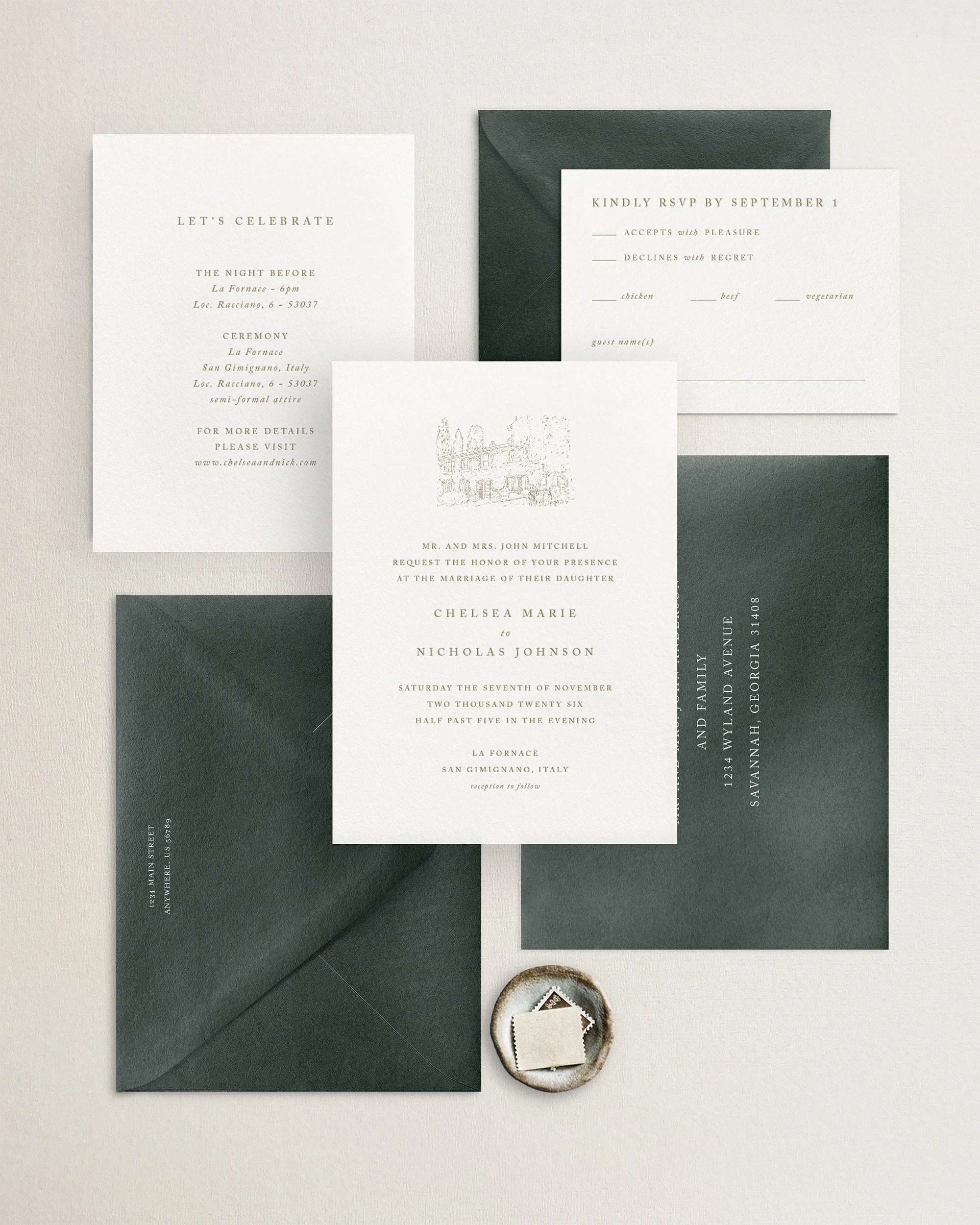 Chelsea Custom Venue Illustration Wedding Invitations