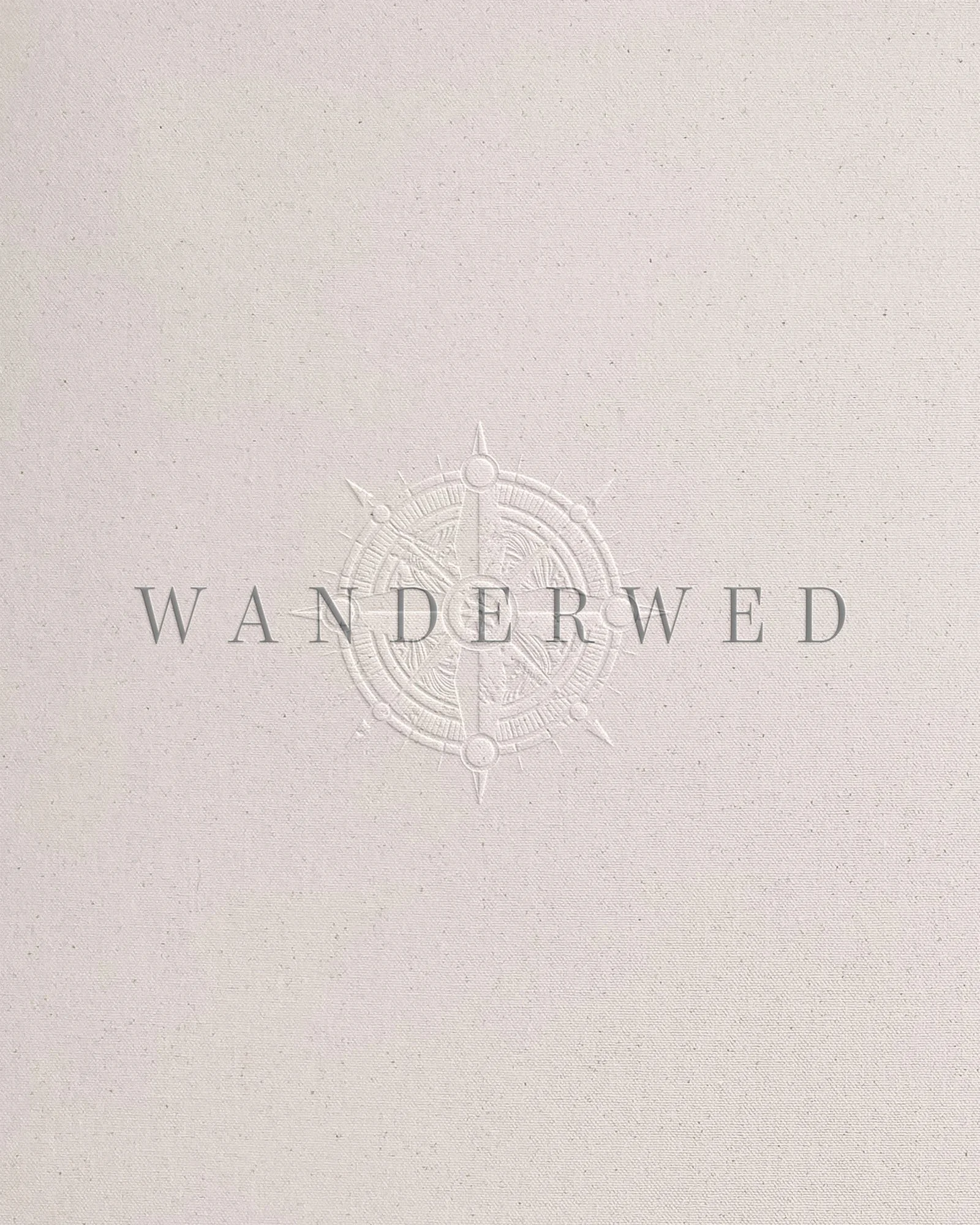 Soft pink textured background with an embossed compass rose design and the word WANDERWED in the center.