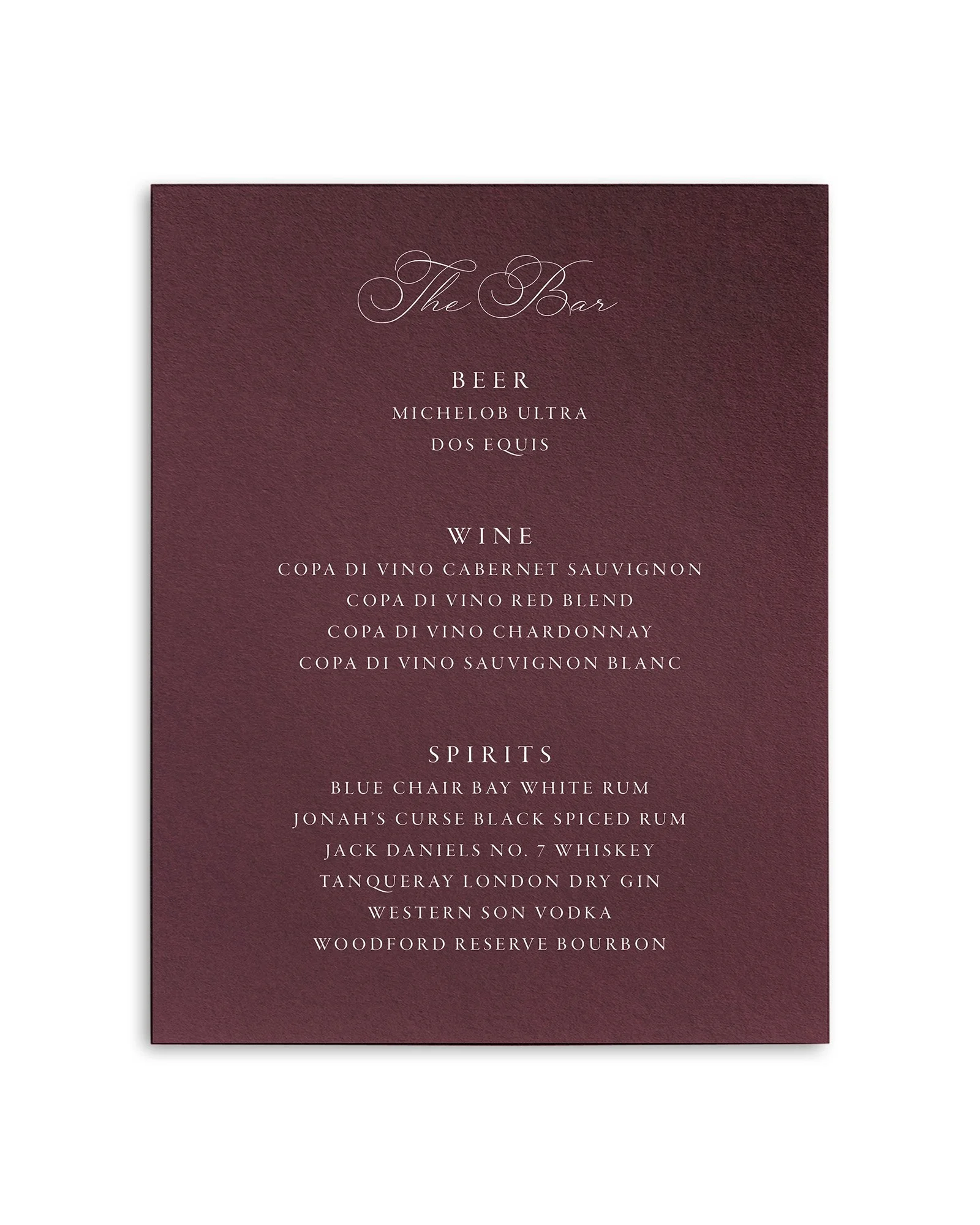Elizabeth Wedding Bar Menu