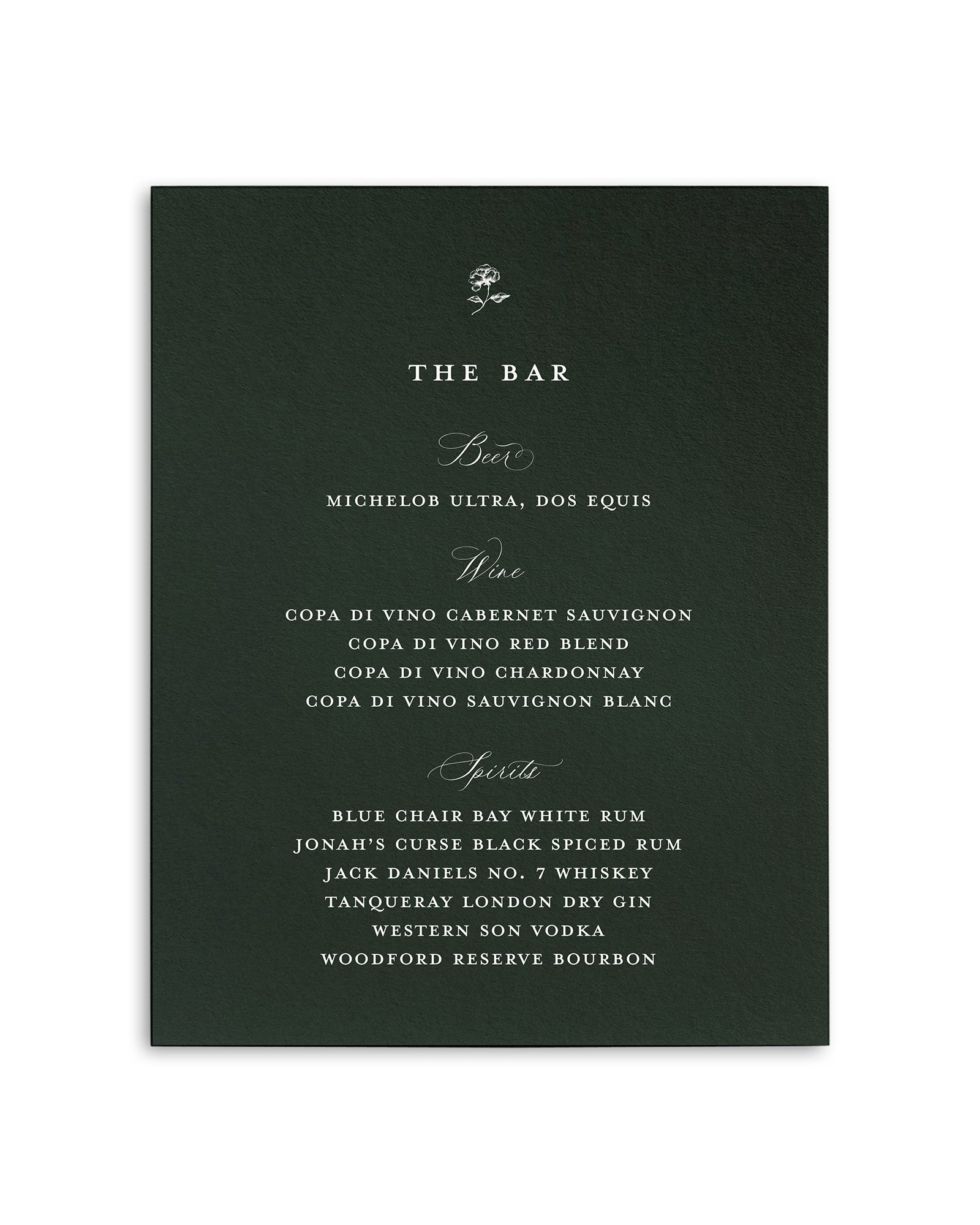 Emma Wedding Bar Menu
