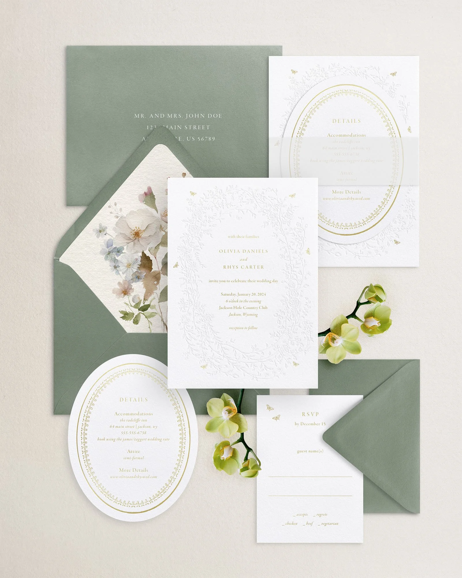 Olivia Gold Letterpress Wedding Invitations Green.jpg