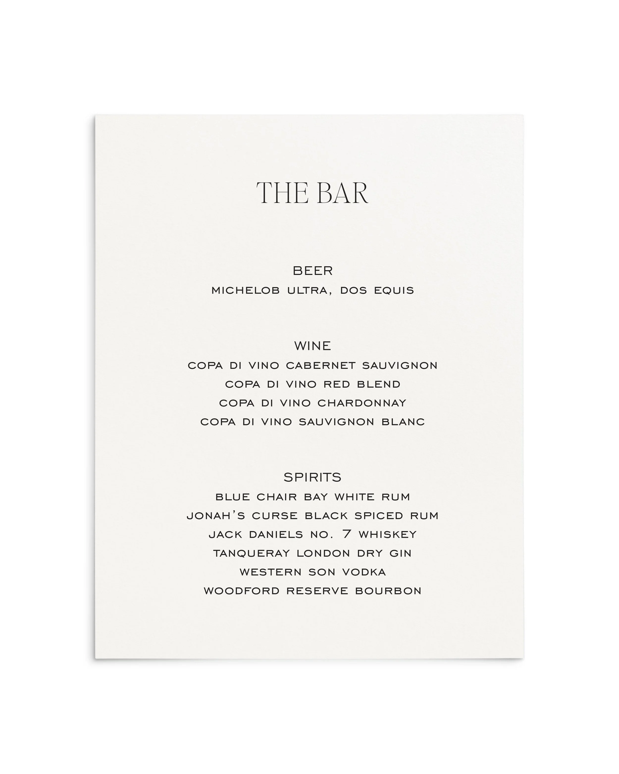 Sofia Wedding Bar Menu