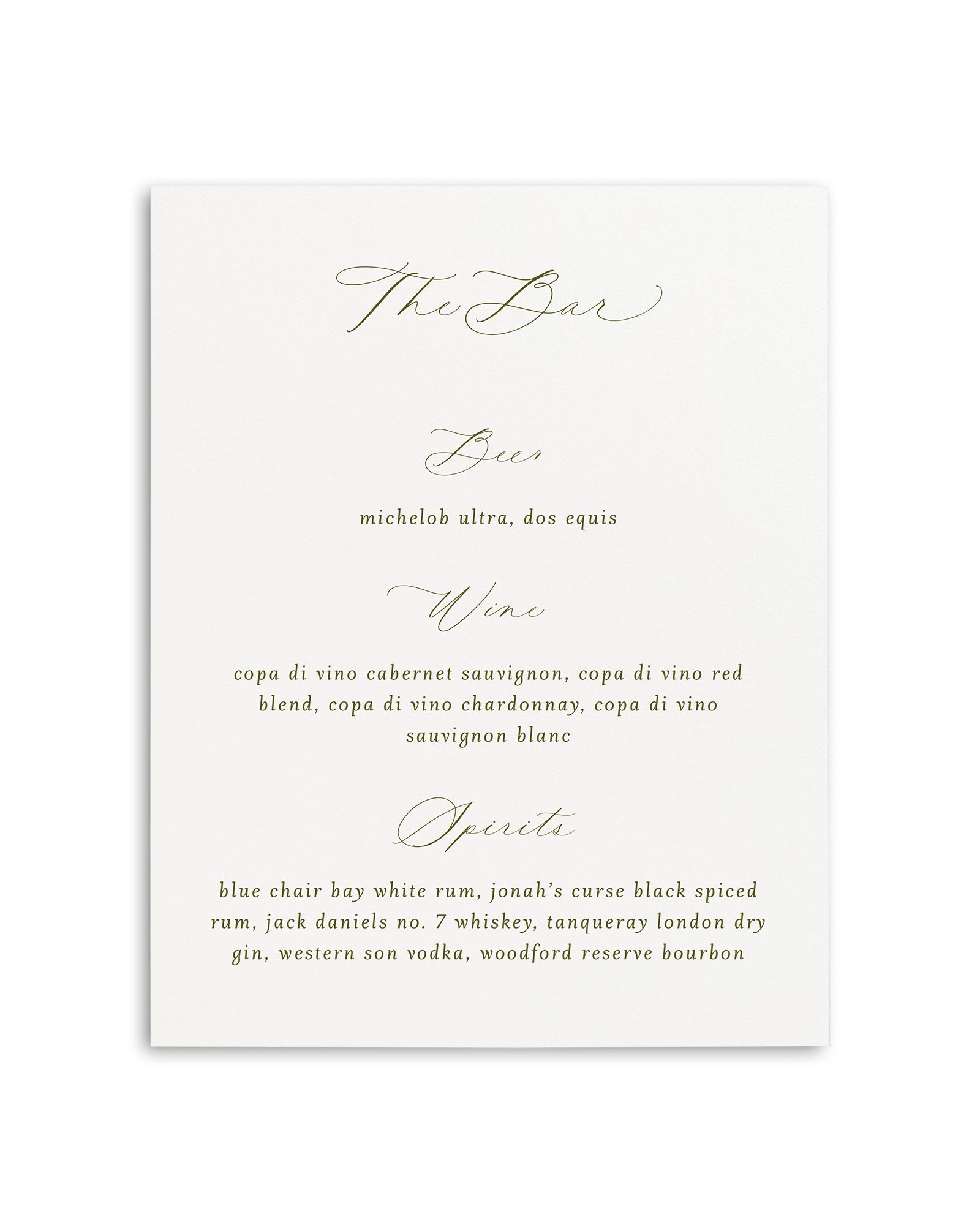 Valentina Wedding Bar Menu