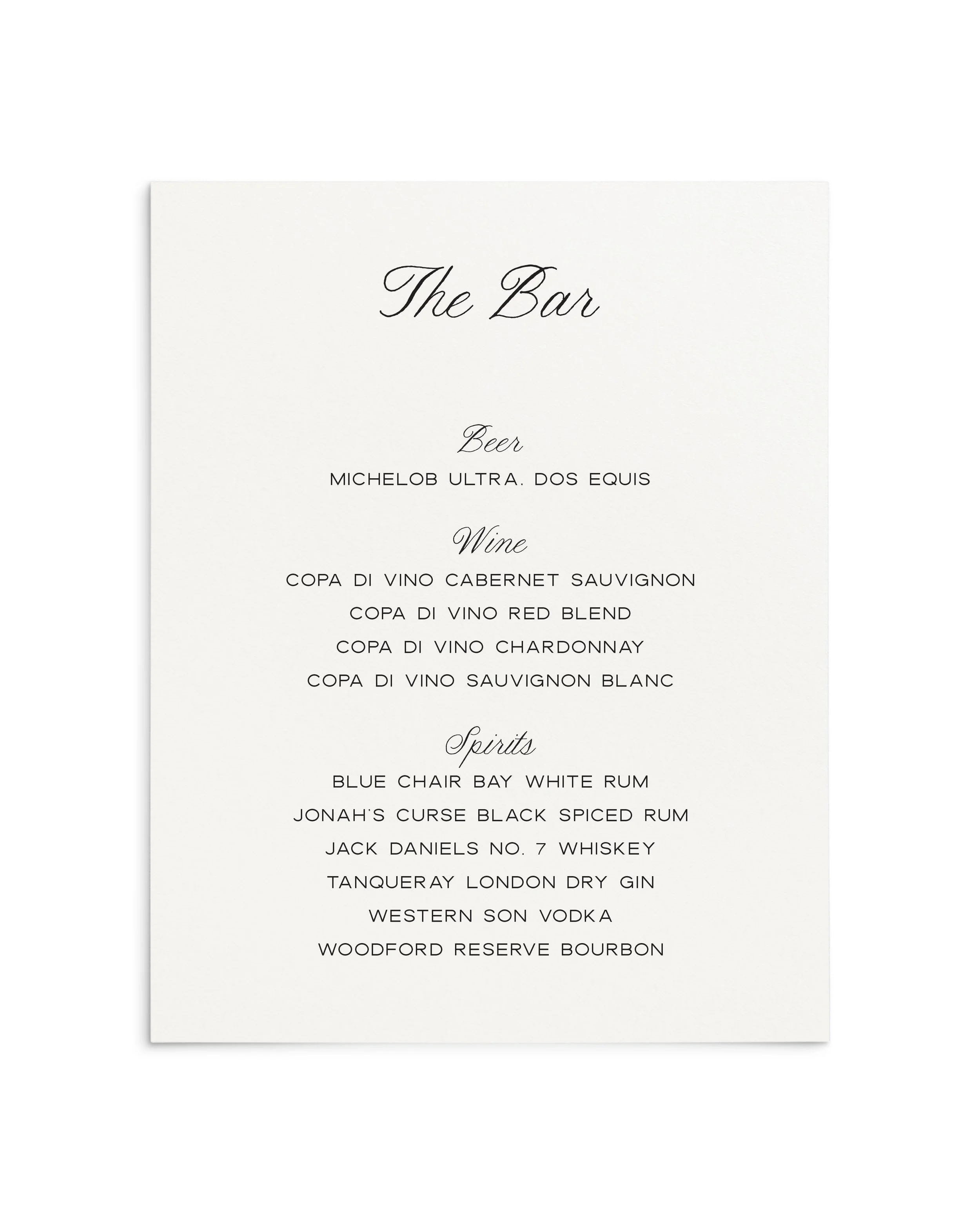 Grace Wedding Bar Menu