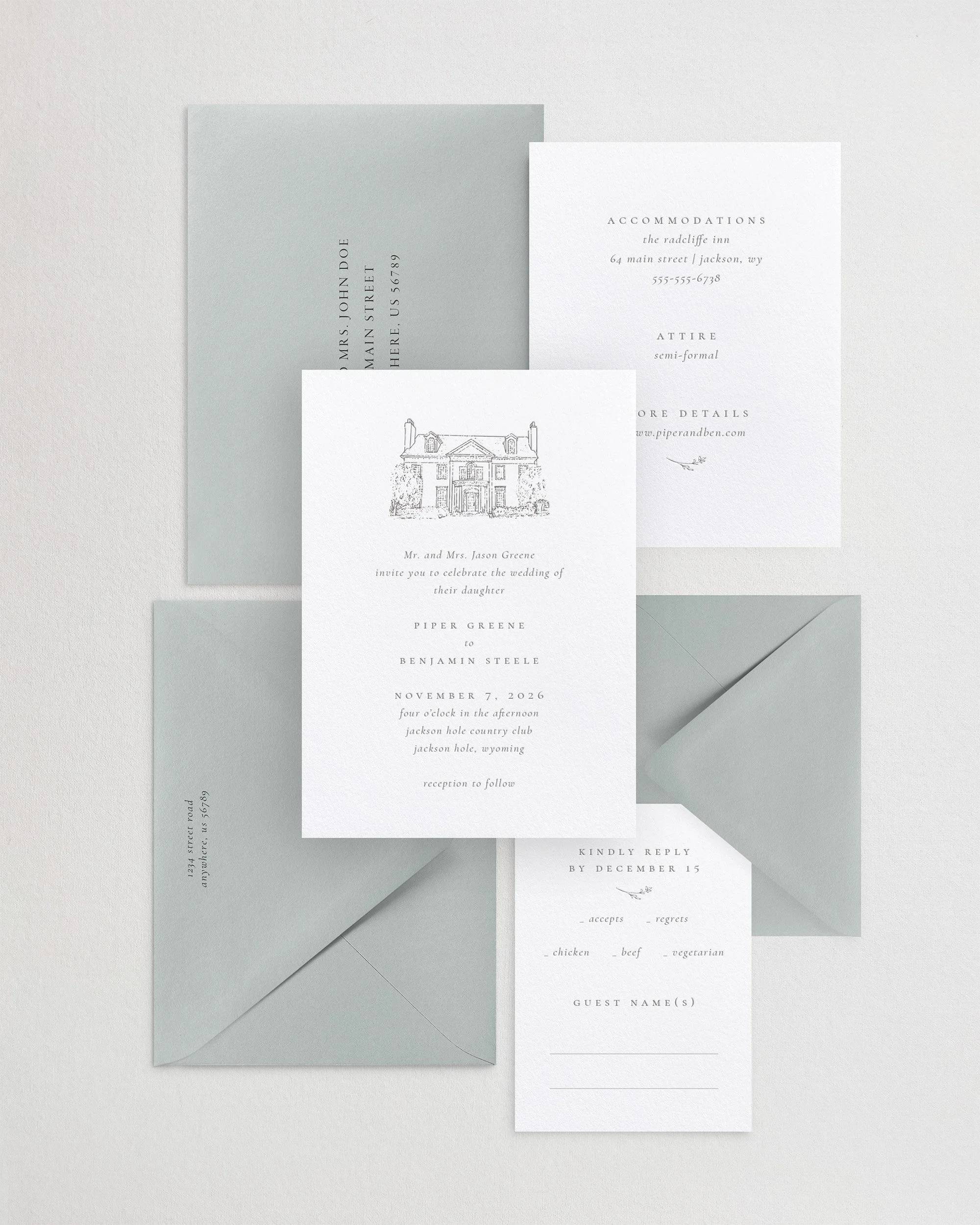 Piper Custom Venue Illustration Wedding Invitations