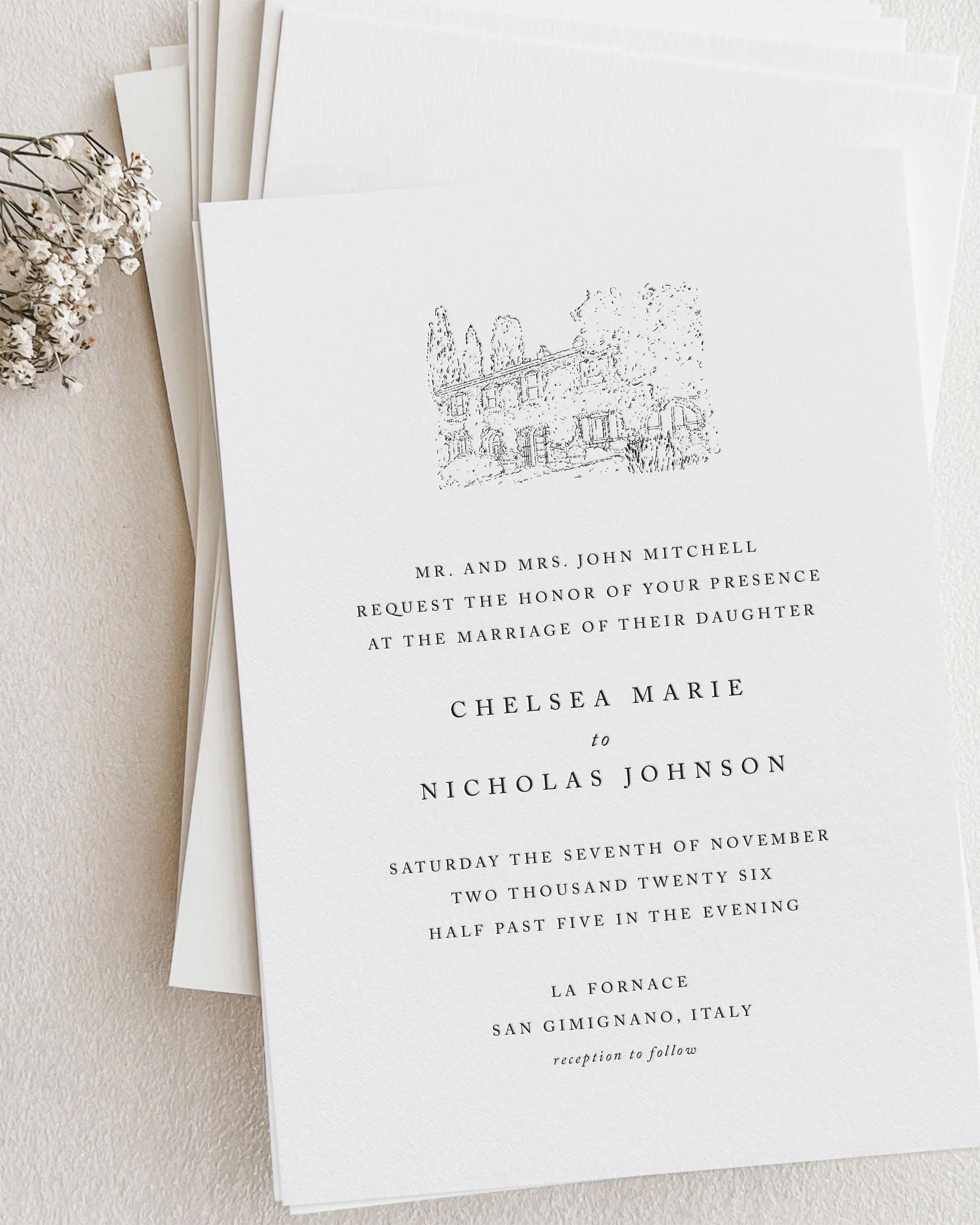 Chelsea Custom Venue Illustration Wedding Invitations