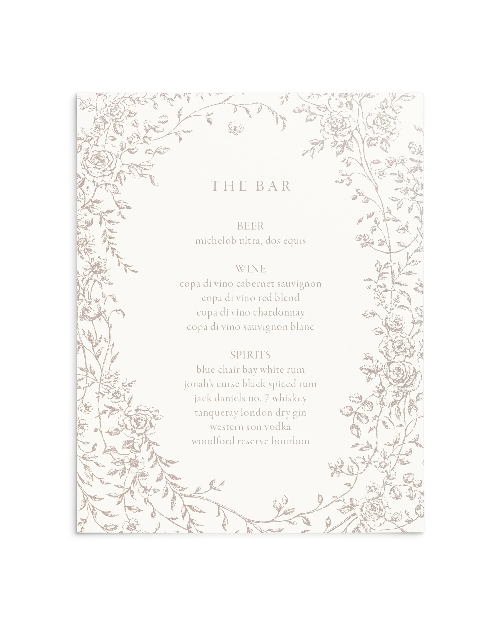Olivia Wedding Bar Menu