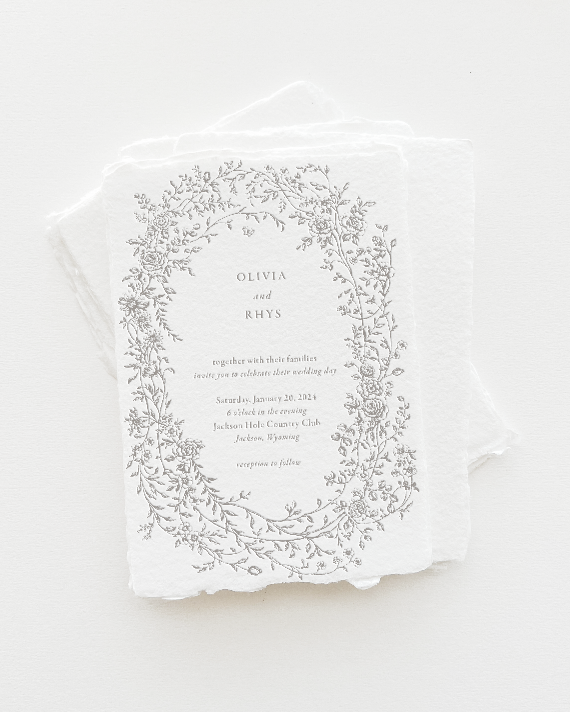 Olivia Floral Wreath Letterpress Wedding Invitations