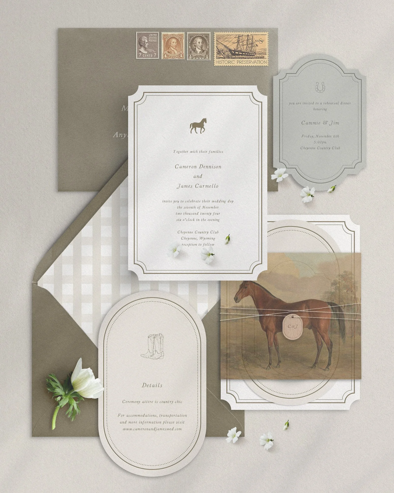 Set of wedding invitations and stationery with a rustic country theme, featuring a horse illustration, floral accents, and vintage postage stamps.