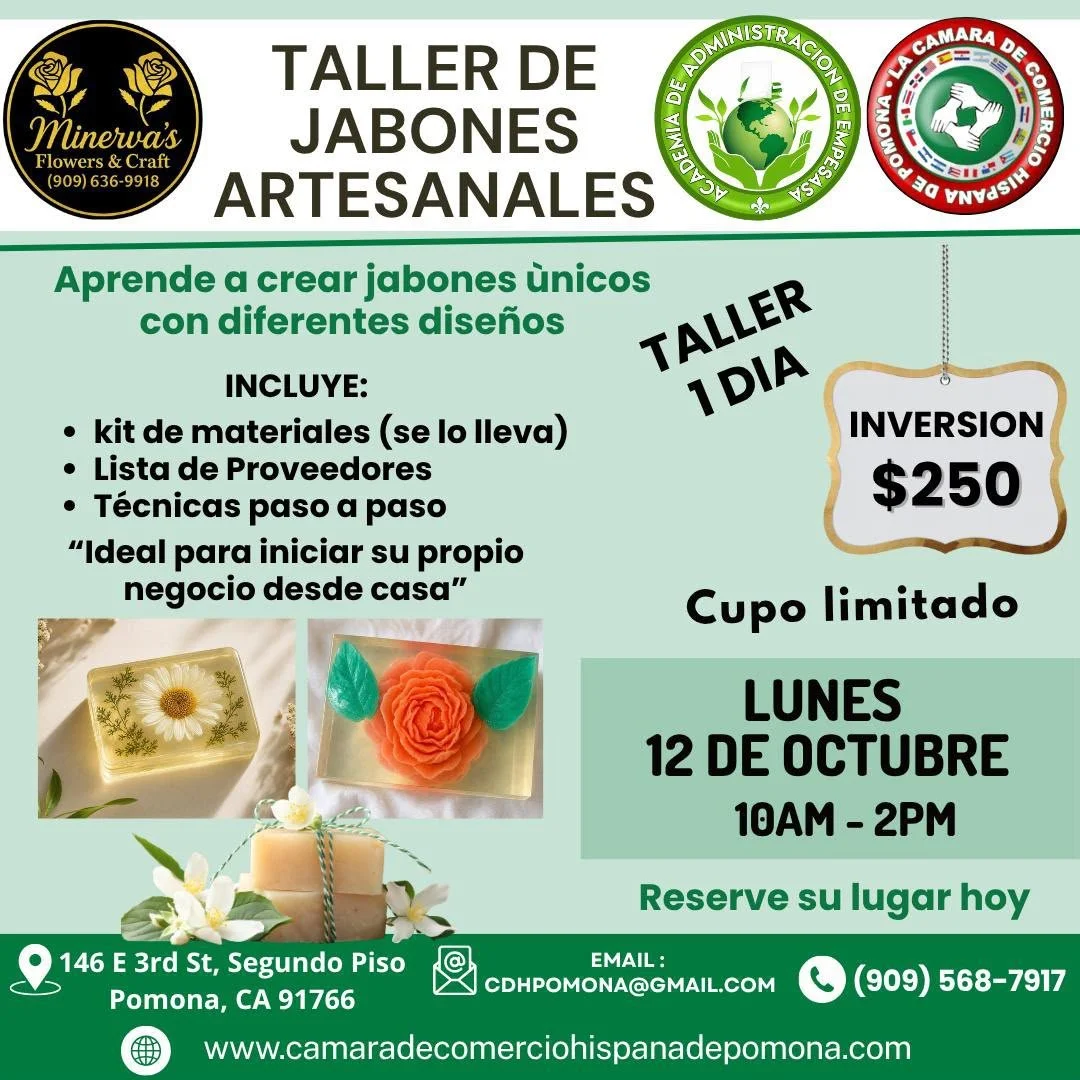 Cartel de taller de jabones artesanales que ofrece información del curso de un día, con costo de $250, en Pomona, CA, el 12 de octubre de 10am a 2pm, con detalles del kit, proveedores y técnicas paso a paso.