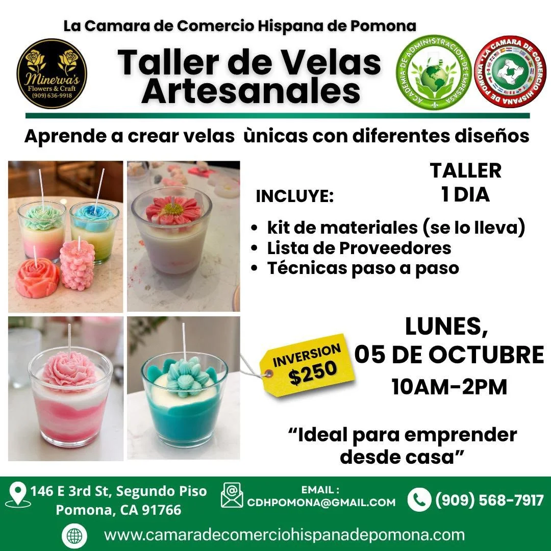 Anuncio de taller de velas artesanales con imágenes de velas de diferentes colores y diseños, incluyendo texto sobre el evento, fecha y contacto.
