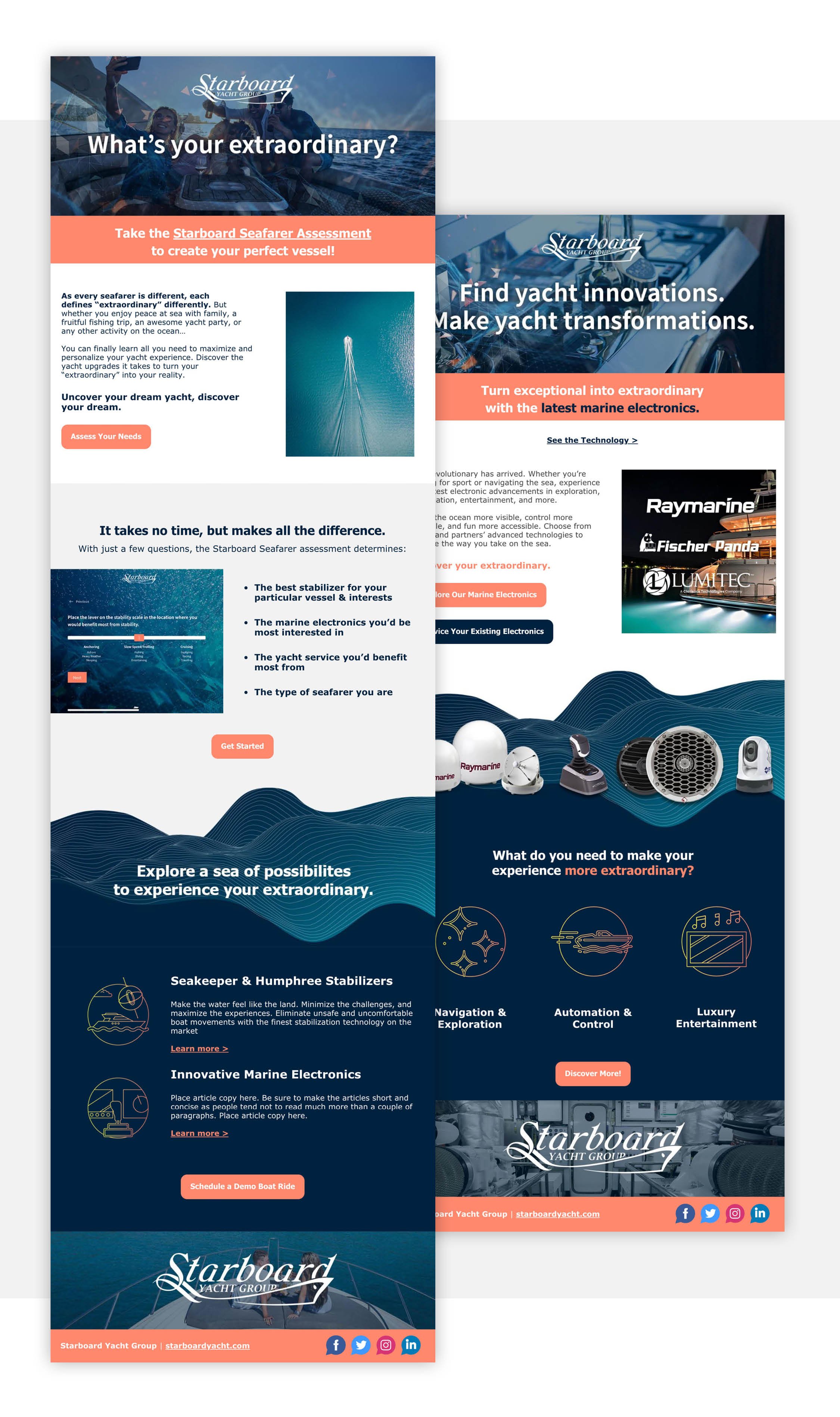 Website launch emails highlighting the Seafarer Assessment and the marine electronics sections of the website.