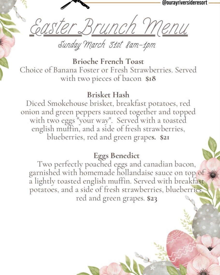 Gather your loved ones for a memorable Easter brunch at The Smokehouse! We're serving up a special menu on March 31st from 8 am to 1 pm.  It's the perfect way to celebrate this special day with family and friends.

Reservations are recommended but no
