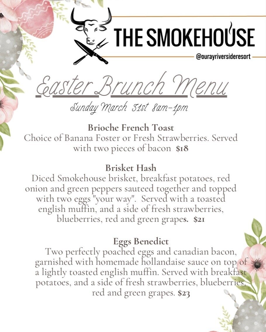 Gather your loved ones for a memorable Easter brunch at The Smokehouse! We're serving up a special menu on March 31st from 8 am to 1 pm.  It's the perfect way to celebrate this special day with family and friends.
Reservations are recommended but not